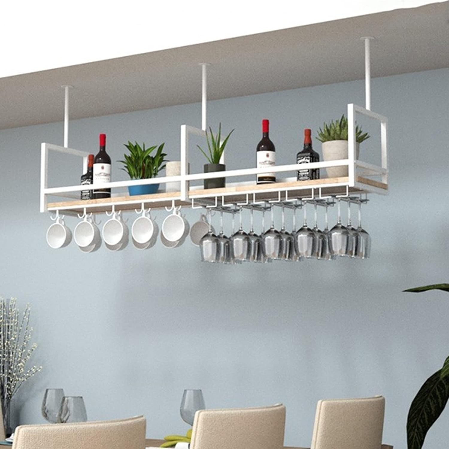 Hanging Wine Glass Rack - Wall Mounted Wine Holder with Black Frame