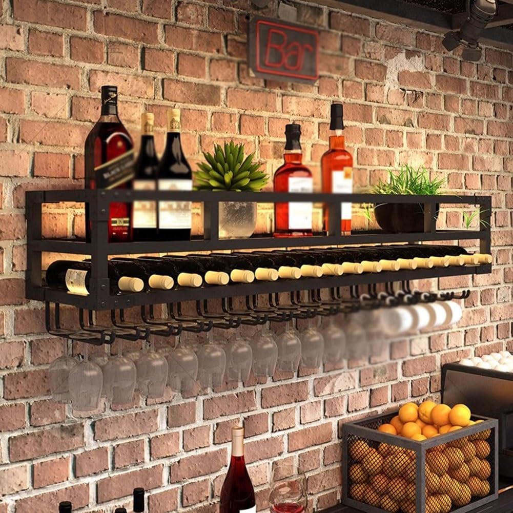 SilteD Wall-Mounted Wine Rack with LED and Glass Holder - Black