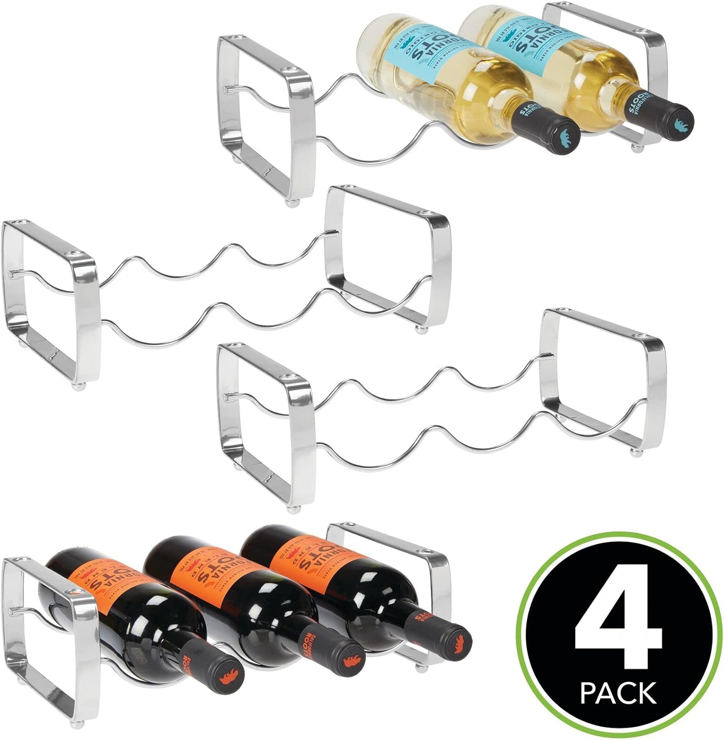 mDesign 3 Bottle Metal Wine Rack - 4 Pack Chrome