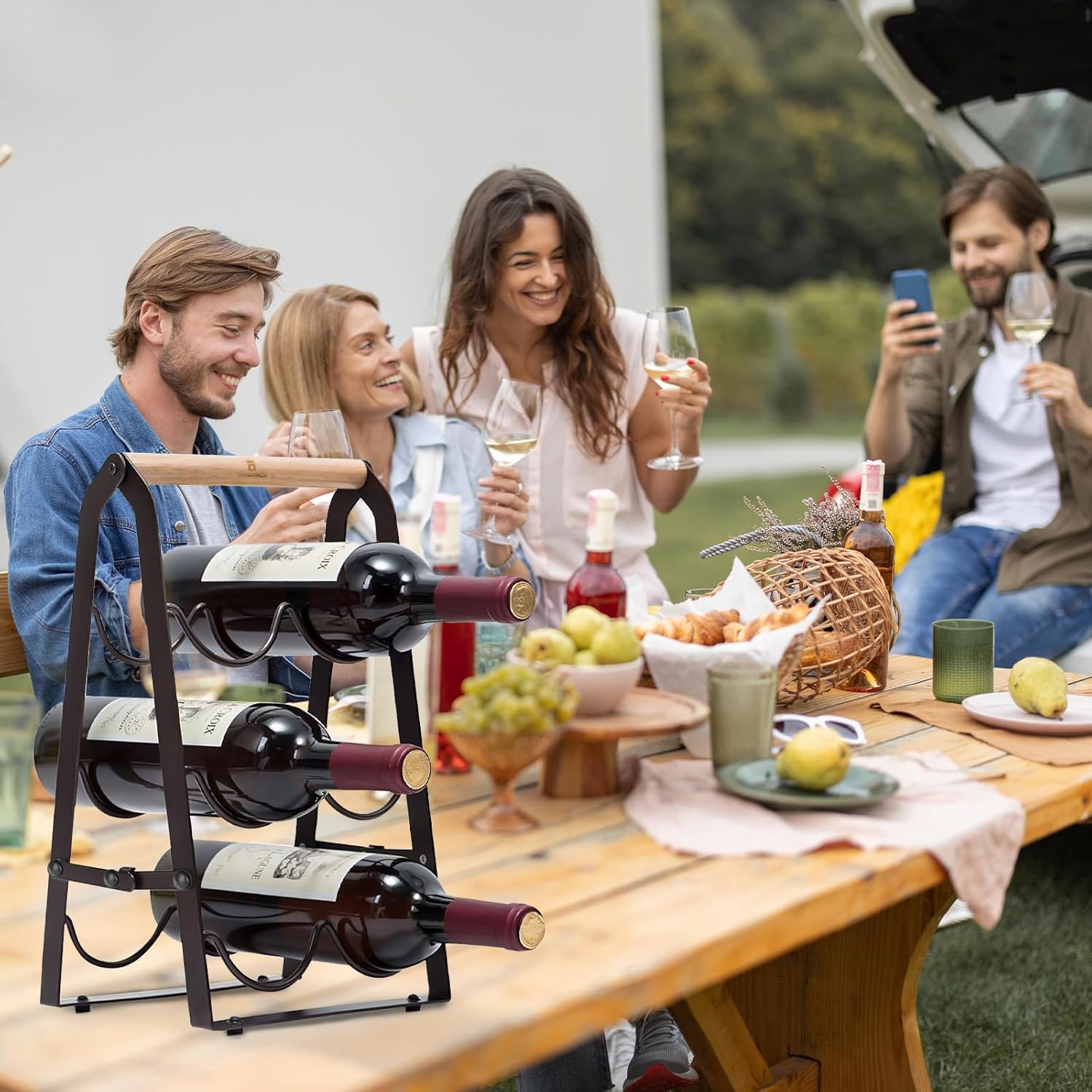 Decorelement 6 Bottle Wine Rack with Handle 3 Tier Collapsible