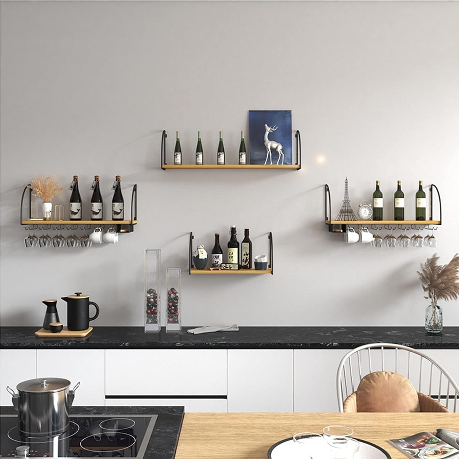 Wall-Mounted Wine Glass Holder with Solid Wood and Iron
