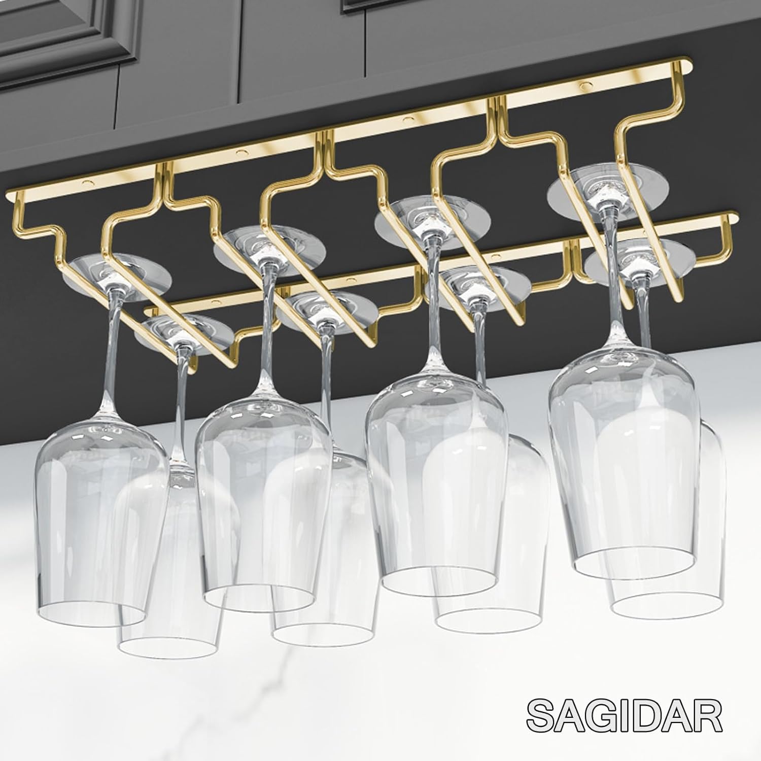SAGIDAR Wine Glass Holder Under Cabinet Gold