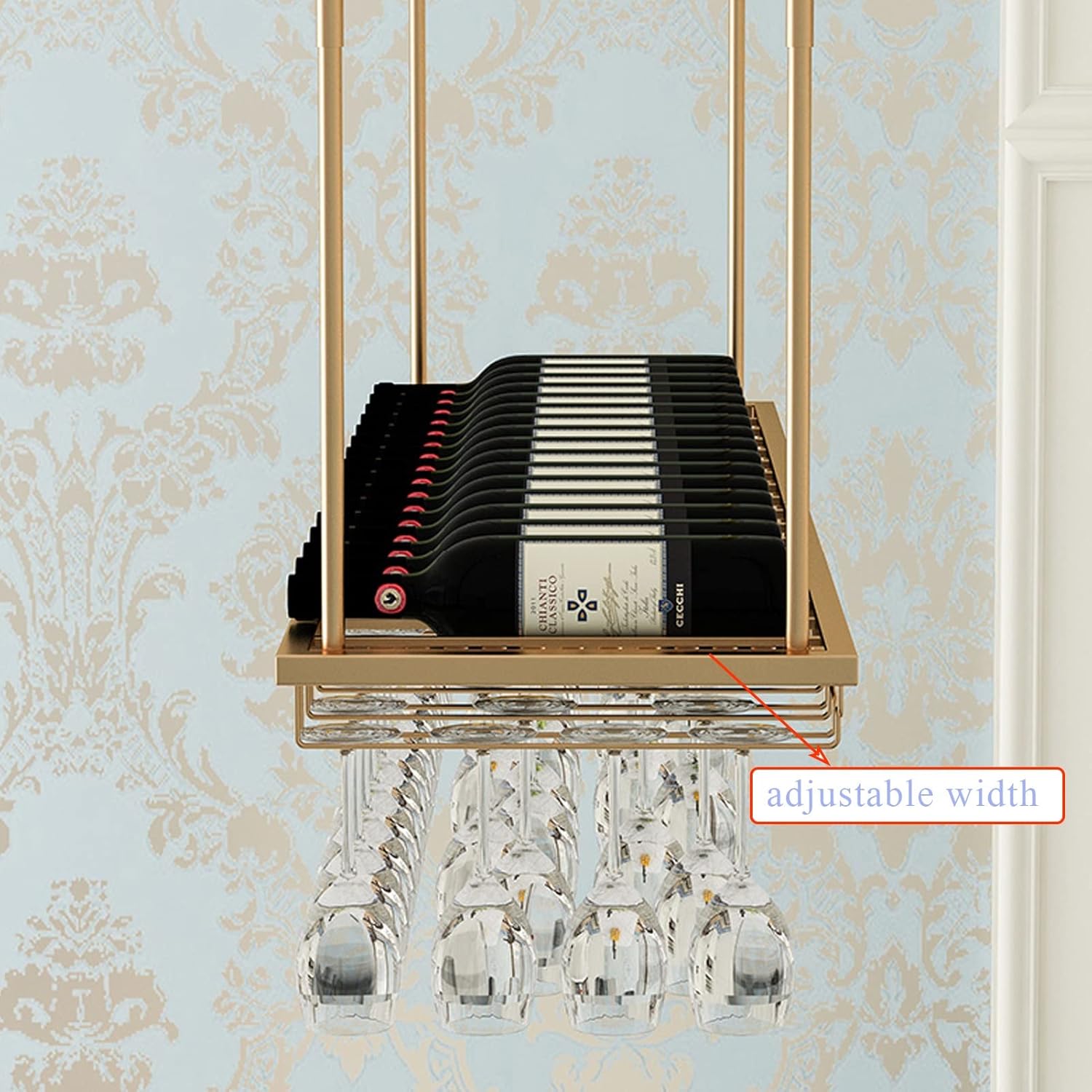 DASHADAO Gold Hanging Wine Glass Rack with Bottle Holder