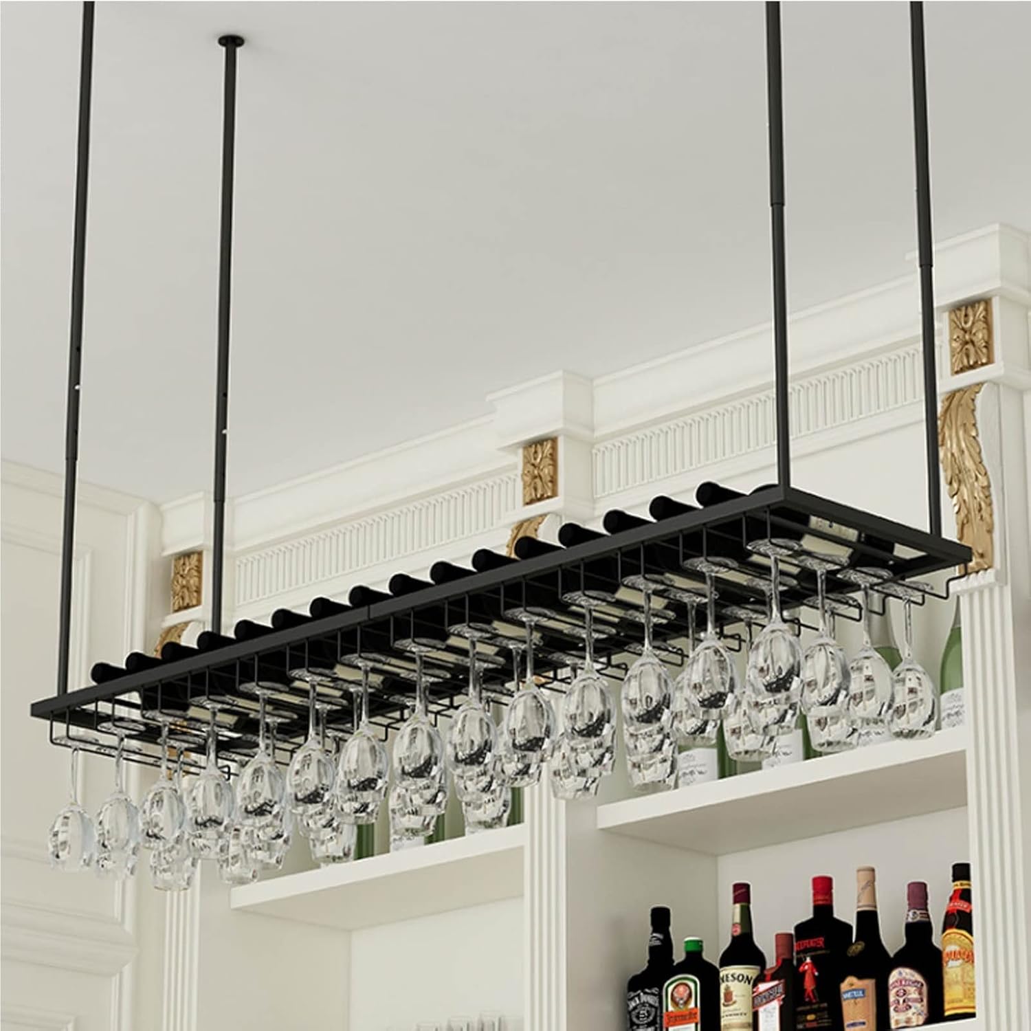 Ceiling Wine Rack Black Adjustable Floating Shelves for Kitchen and Bar