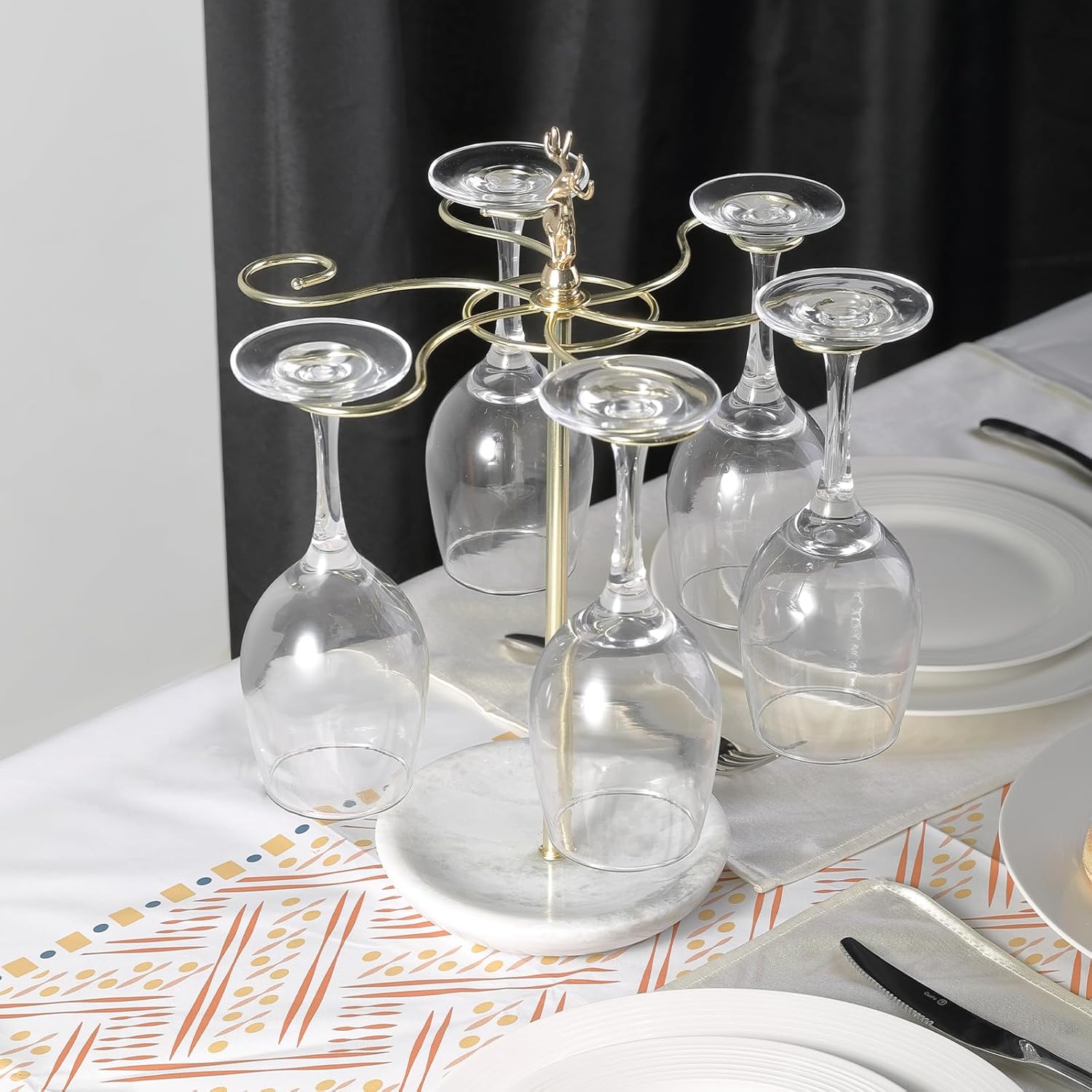 Wine Glass Holder with Marble Base and 6 Hooks