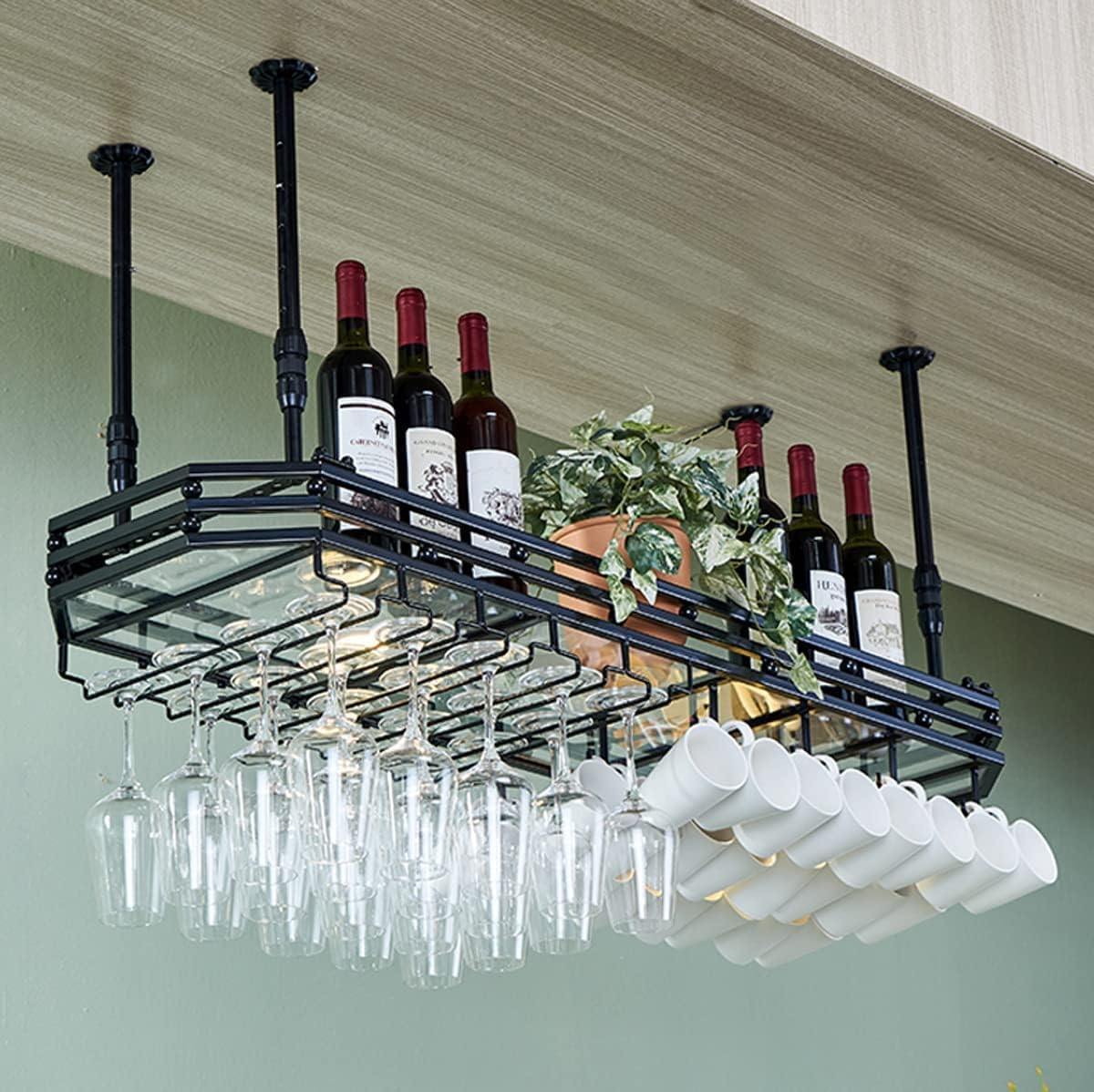 Ceiling Wine Glass Rack with Adjustable Height and Width