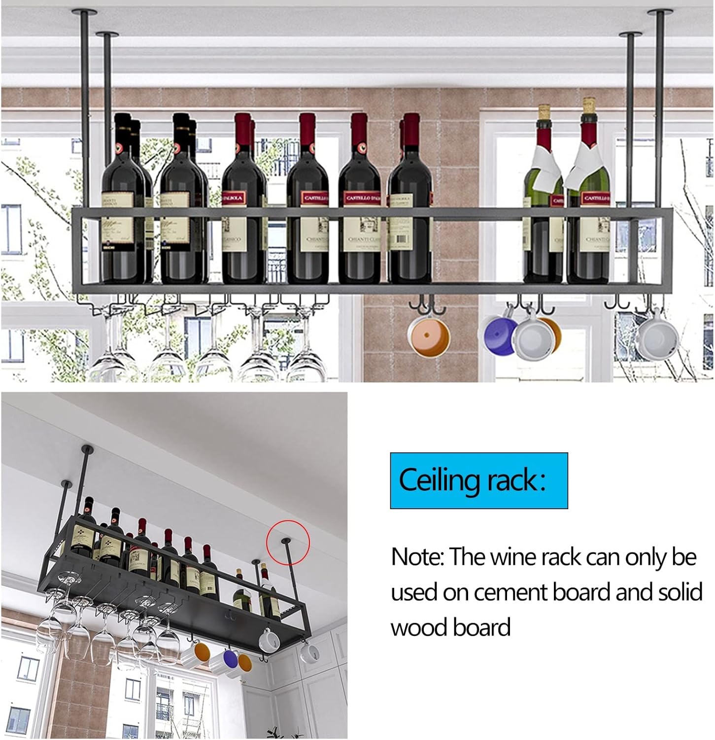 Wrought Iron Ceiling Wine Rack Holder with Adjustable Height and Width