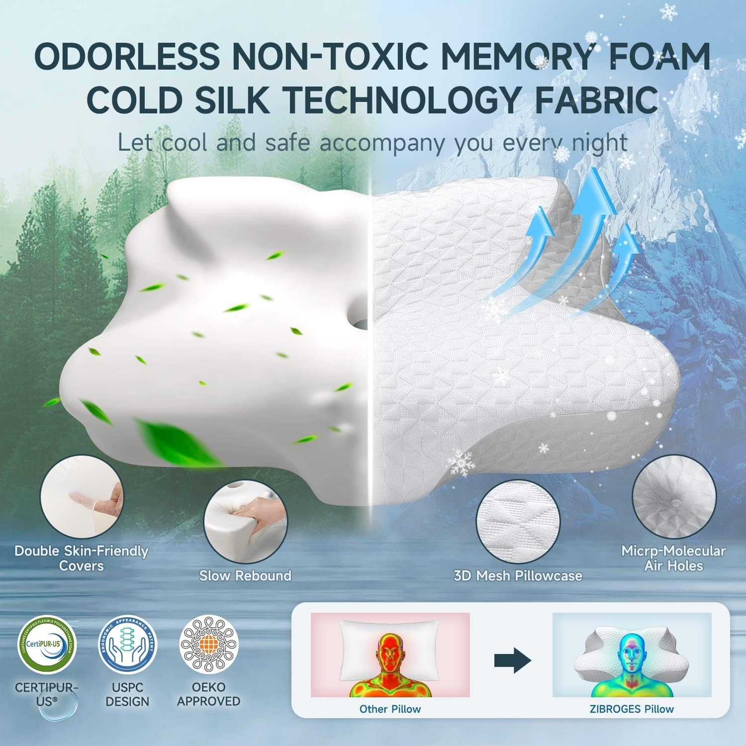 ZIBROGES Cooling Cervical Pillow for Neck Pain Relief