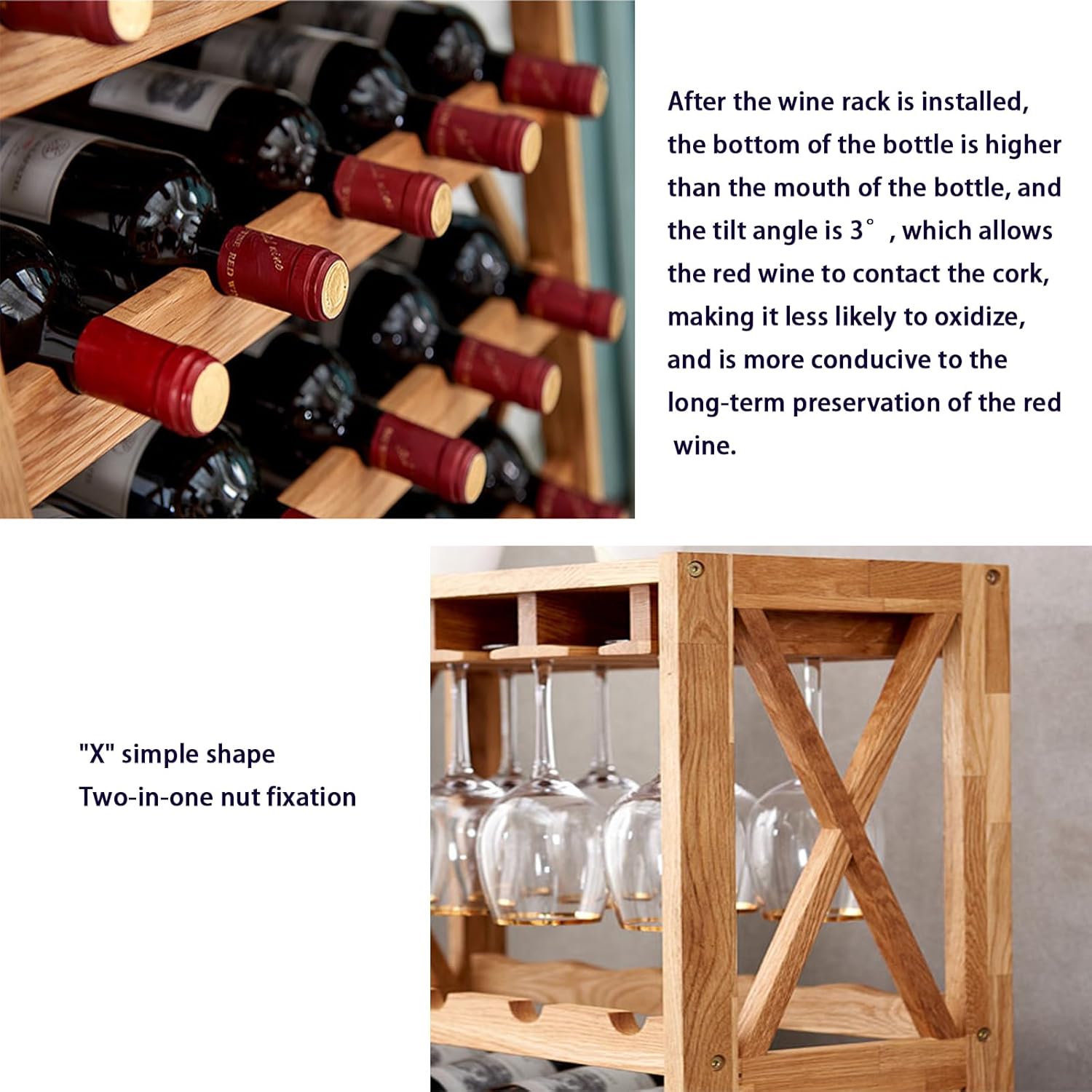JSWHYBD Oak Wine Rack Freestanding 35 Bottles 12 Glasses