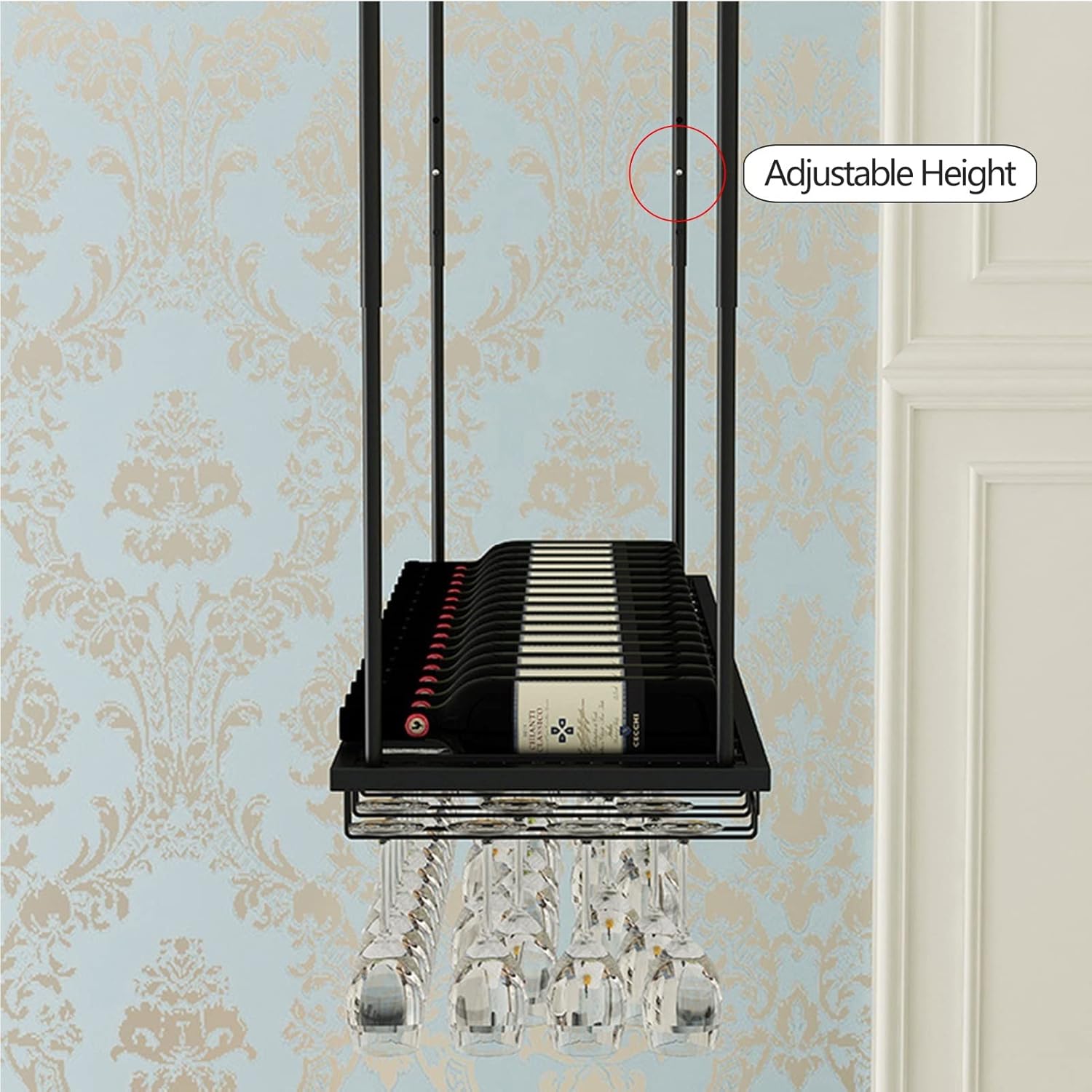 Ceiling Wine Rack Black Adjustable Floating Shelves for Kitchen and Bar