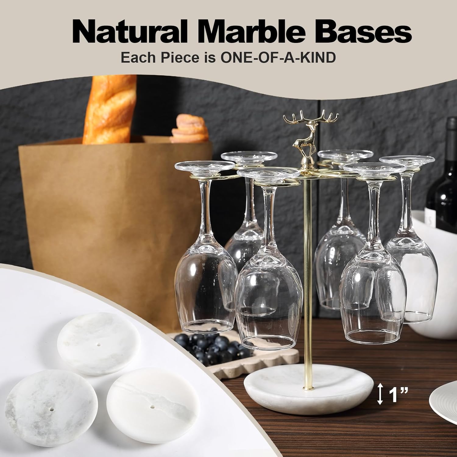 Wine Glass Holder with Marble Base and 6 Hooks