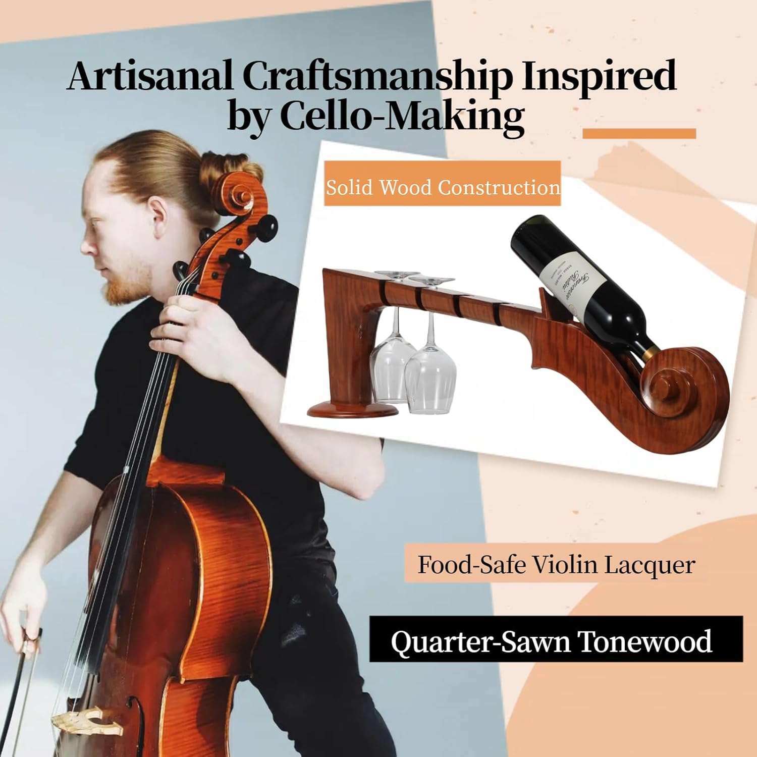 Violin-Inspired Solid Wood Wine Rack - 4 Bottles 4 Glasses 1