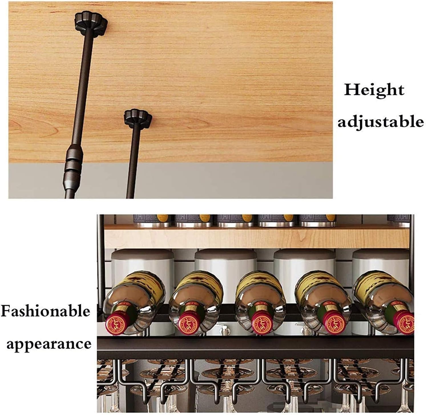 Ceiling Hanging Wine Rack with Glass Holder Shelf 2-in-1