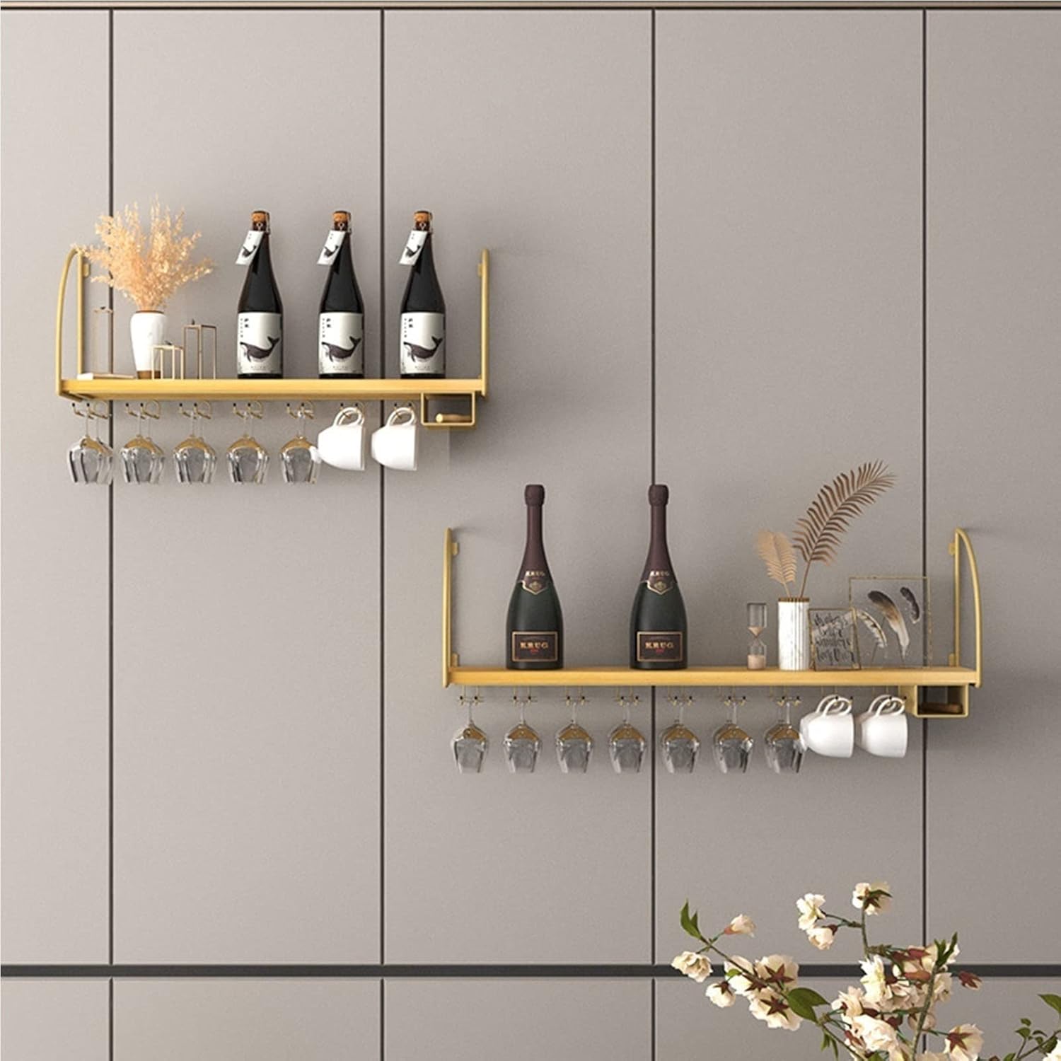 Wall-Mounted Wine Glass Holder with Solid Wood and Iron