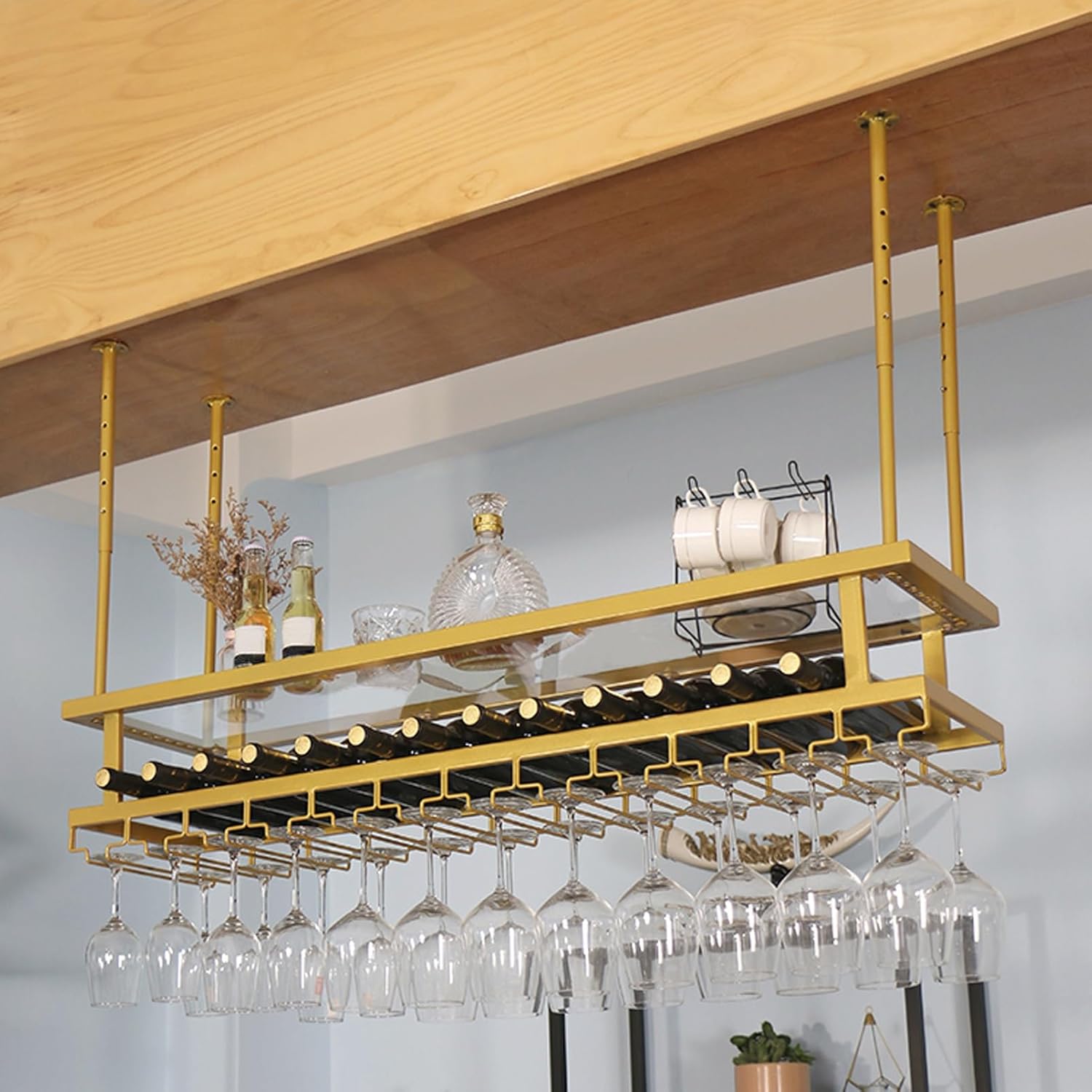 Whalebee Wine Glass Rack Ceiling Mount Gold Adjustable