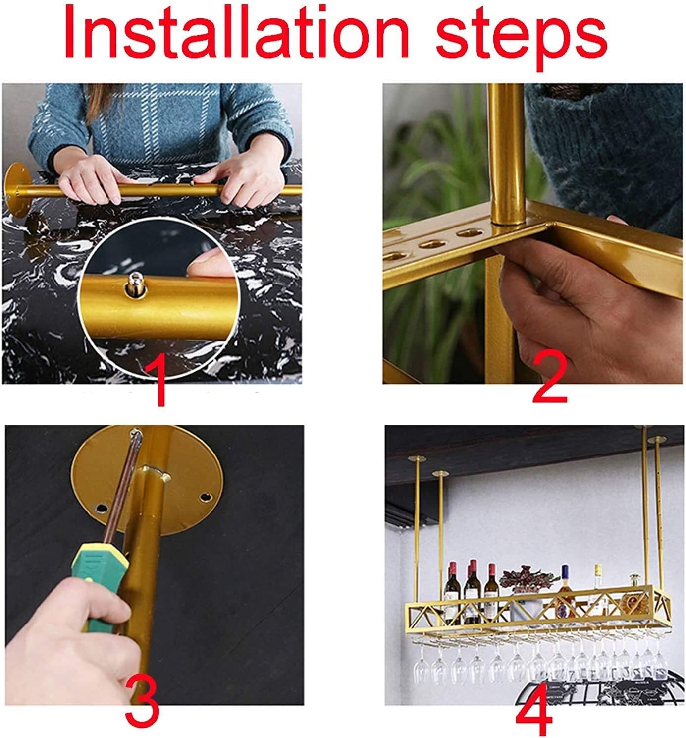 Adjustable Wrought Iron Wall-Mounted Wine Rack with Glass Holder