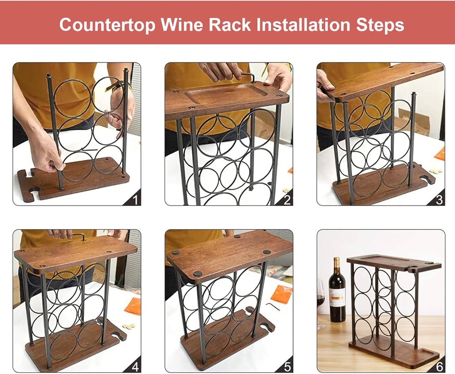 Gold Metal Wine Rack with 6 Bottles and 2 Goblets