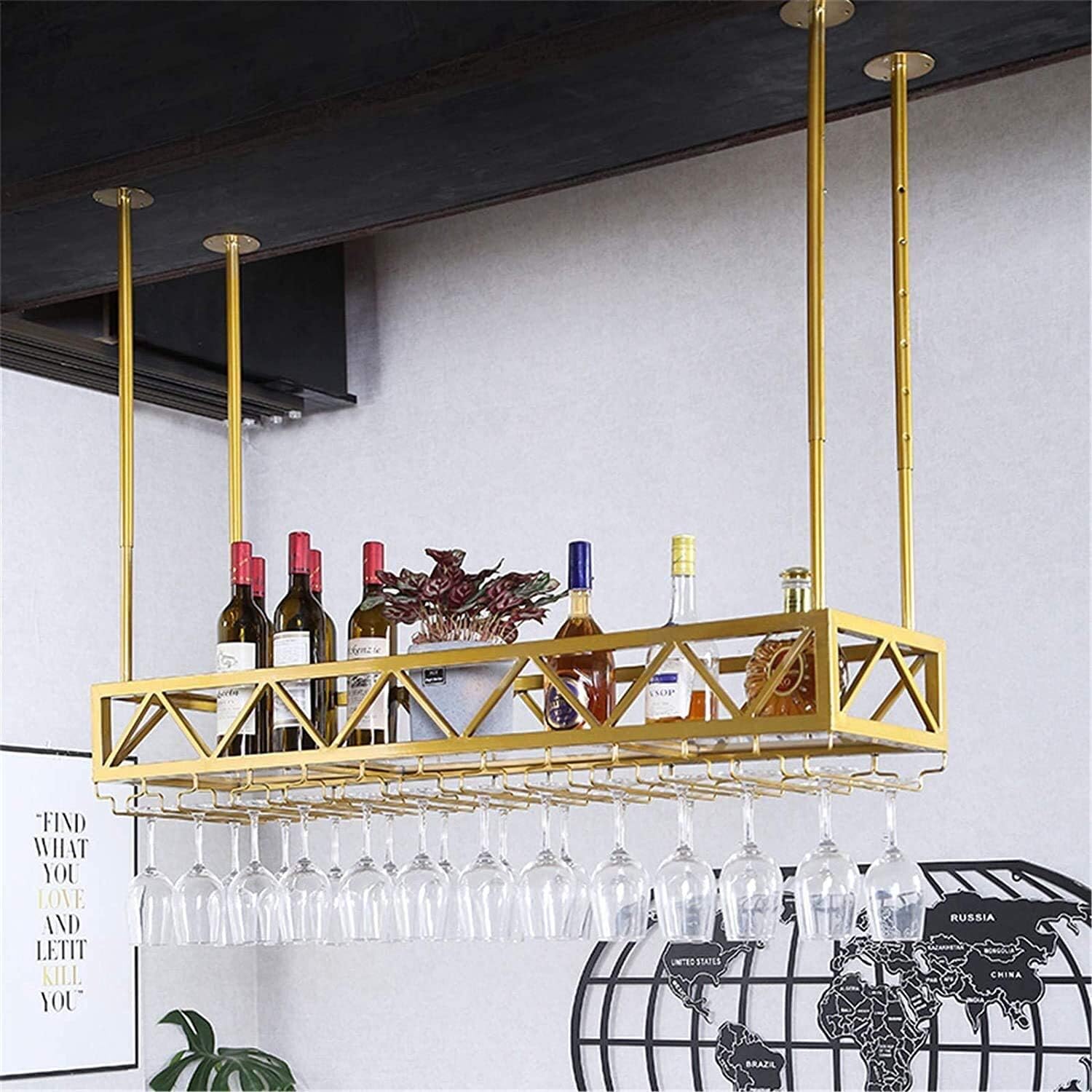 Adjustable Wrought Iron Wall-Mounted Wine Rack with Glass Holder