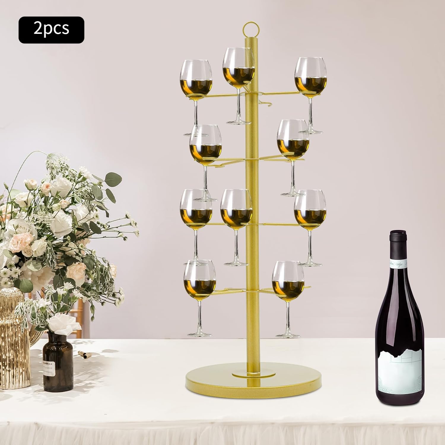 2 Pack Wine Glass Rack with 4 Tiers and 16 Glass Capacity Gold