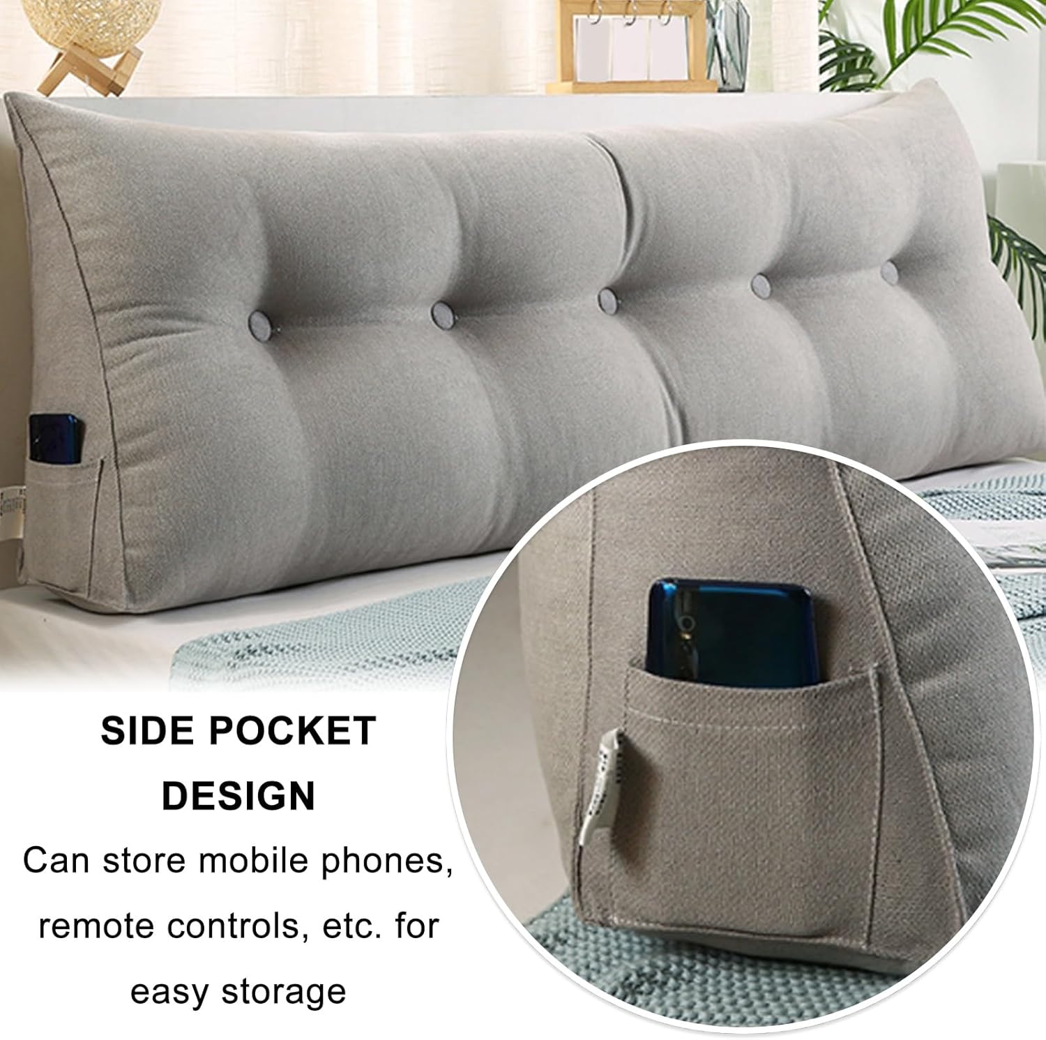 Thickened Triangular Headboard Pillow with Side Pocket and Removable Cover