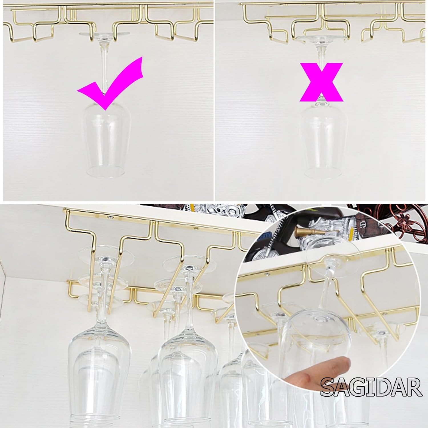 SAGIDAR Stainless Steel Wine Glass Organizer Under Cabinet Stemware Rack