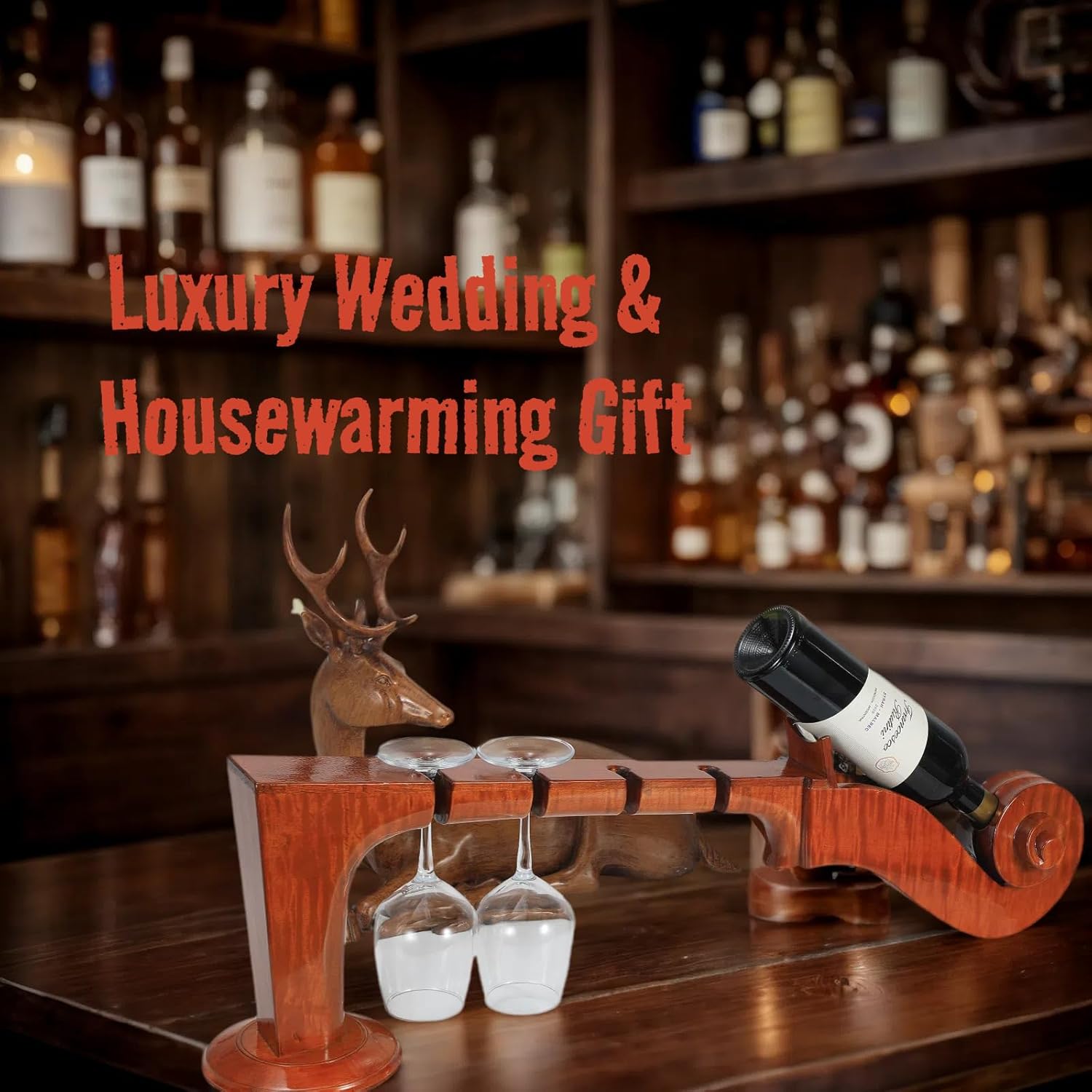 Violin-Inspired Solid Wood Wine Rack - 4 Bottles 4 Glasses 1