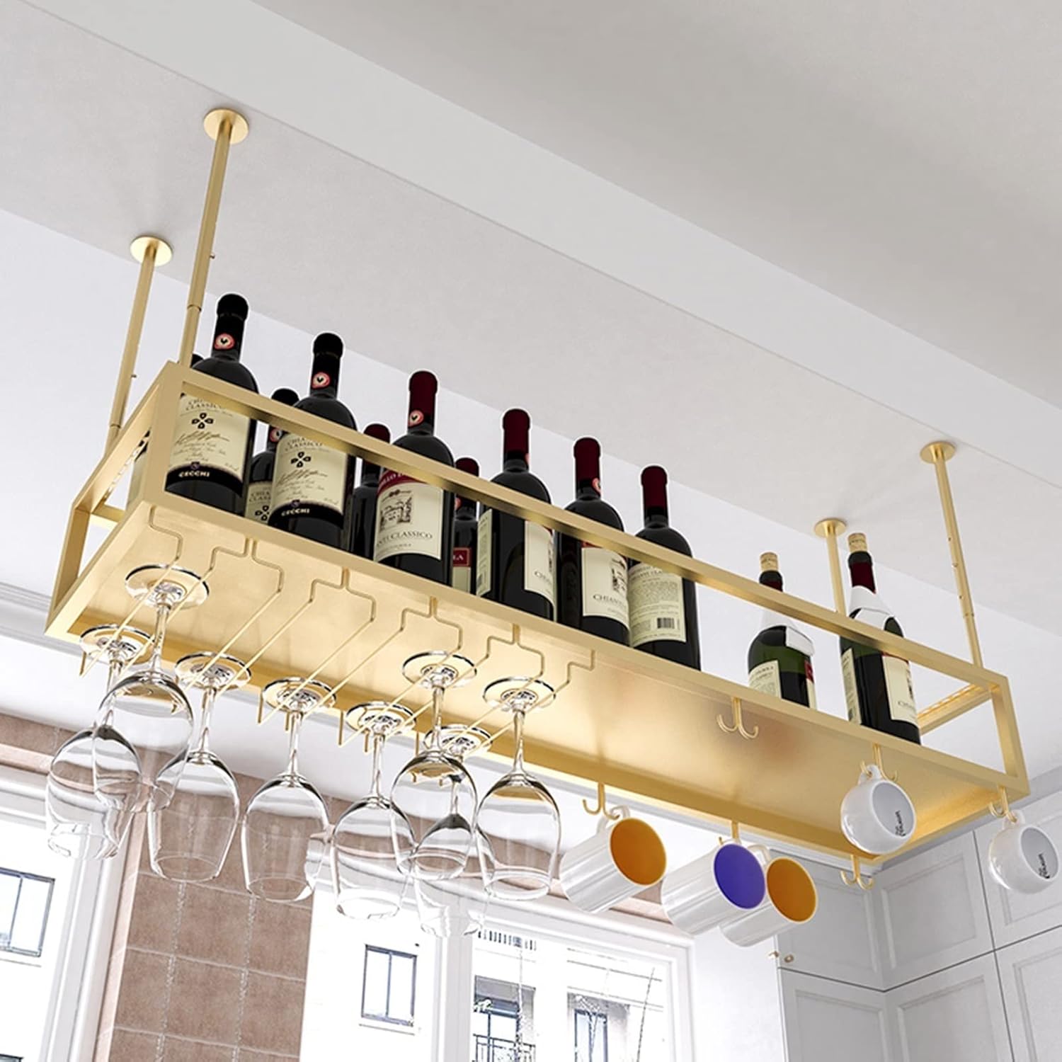 Suuim Gold Wine Glass Rack Ceiling Holder for Kitchen and Bar