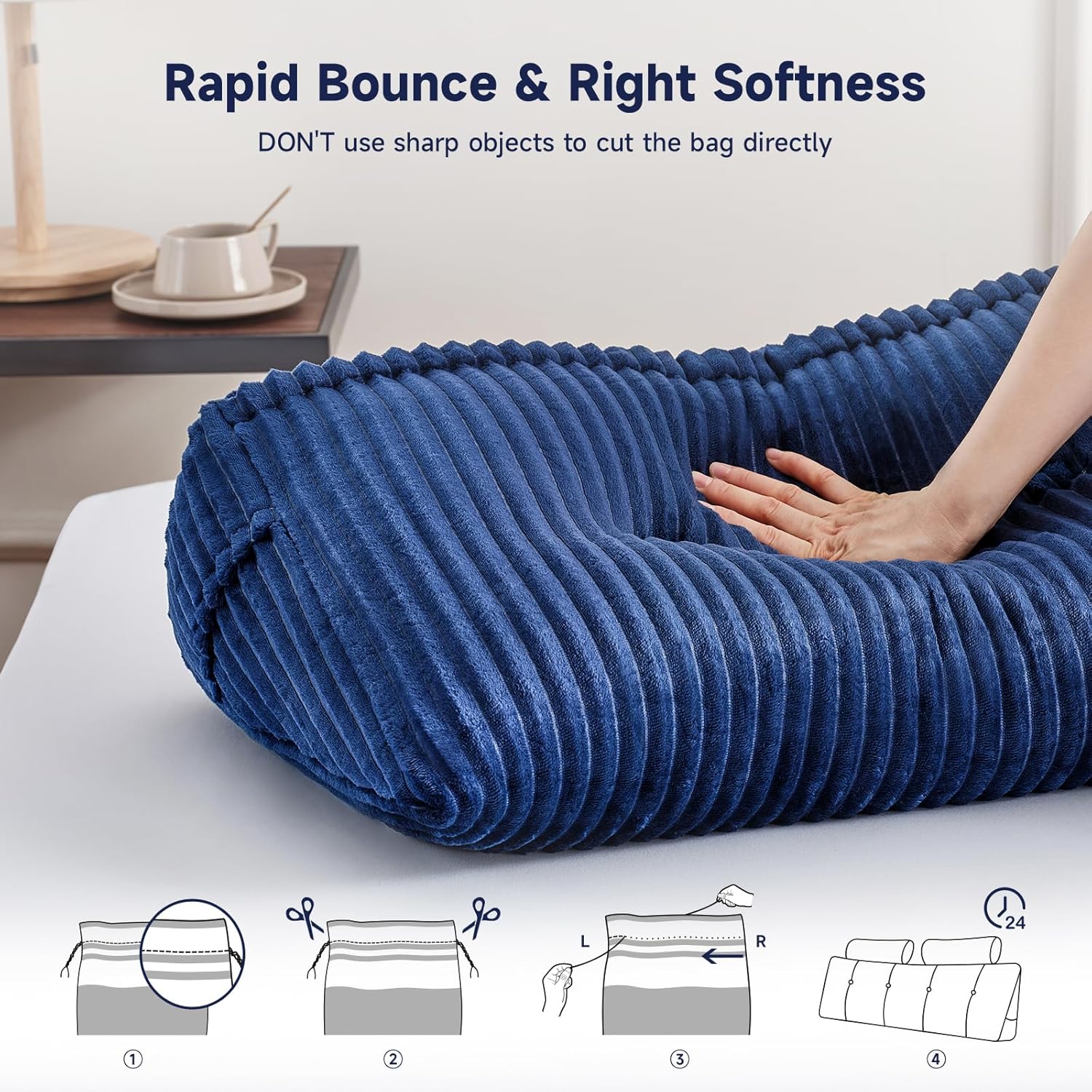 Z-hom King Size Pillow Headboard with 2 Roll Pillows Blue