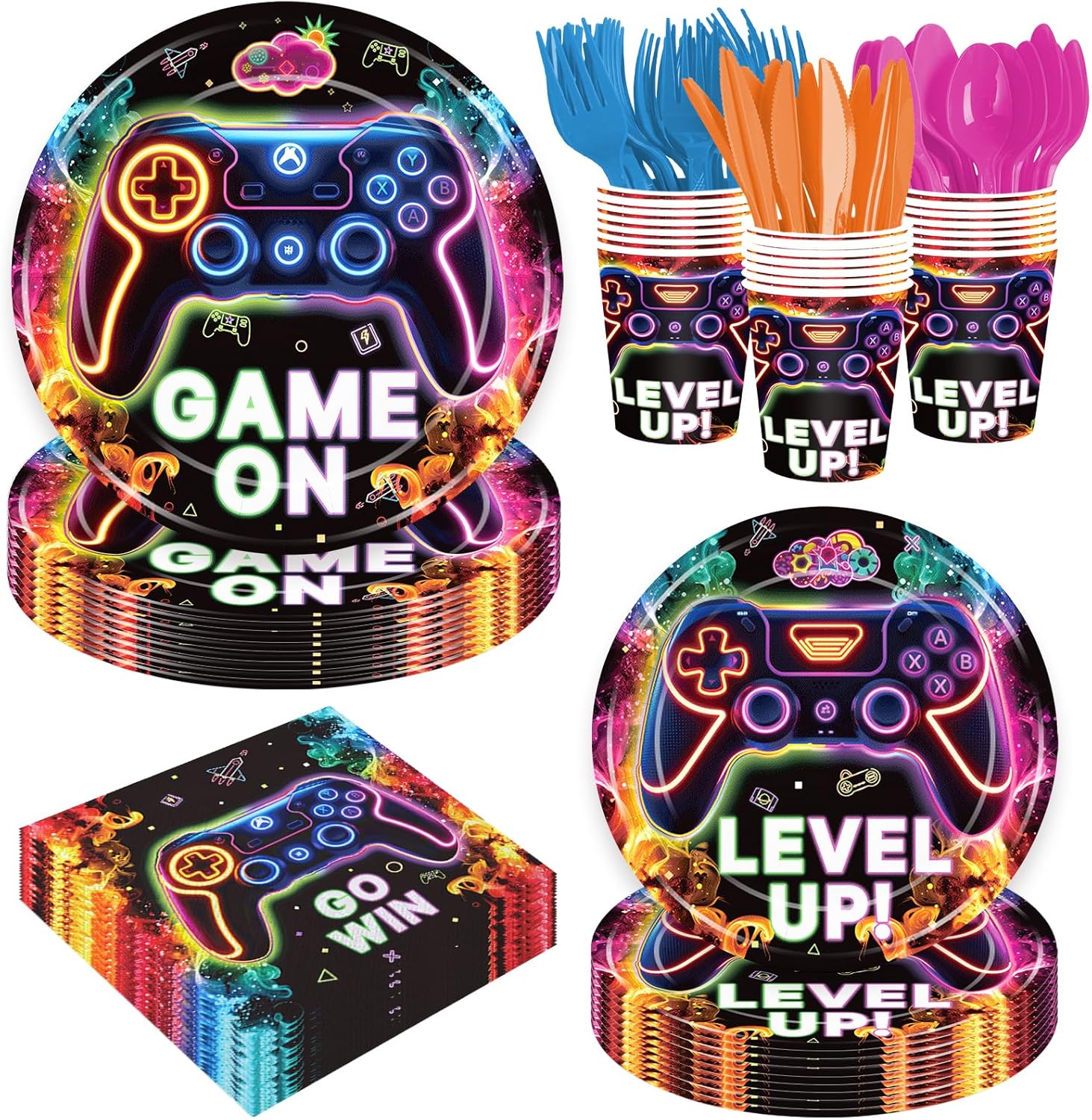 168 Pcs Neon Video Game Plates Napkins Set