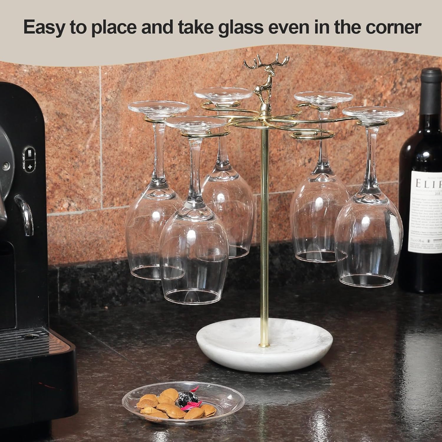 Wine Glass Holder with Marble Base and 6 Hooks