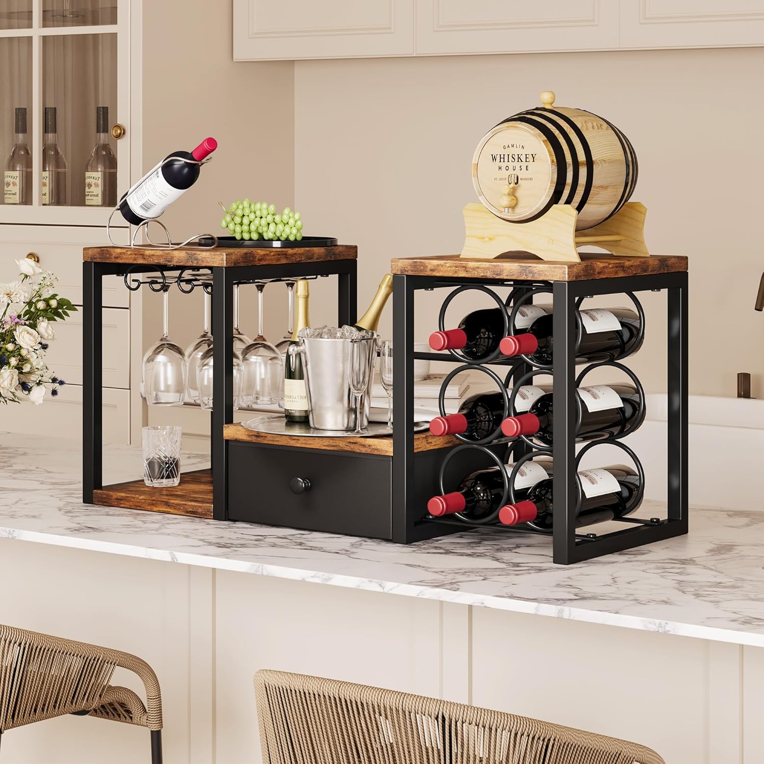 Homeiju Tabletop Wine Rack with Drawer and Glass Holder 1