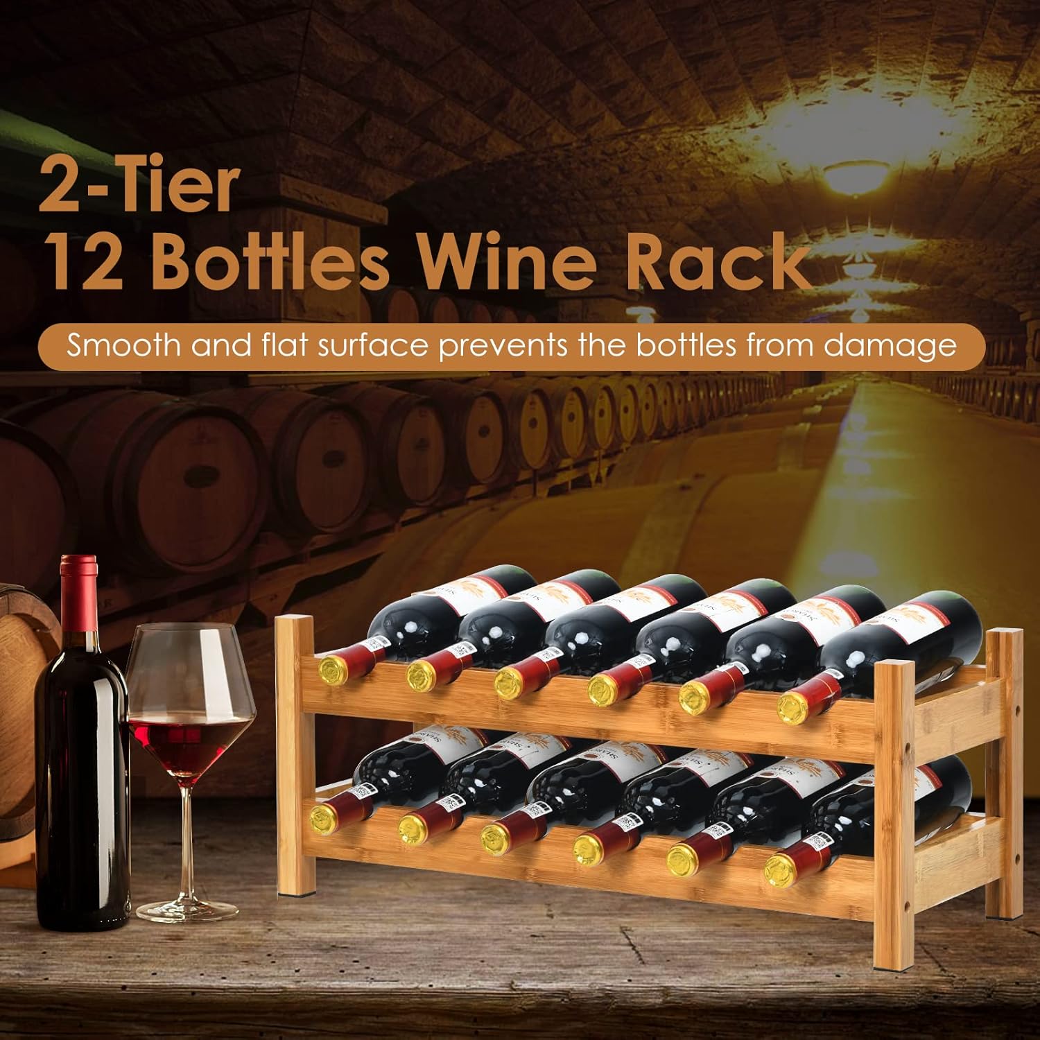 COSTWAY 12 Bottle Bamboo Wine Rack 2-Tier Freestanding