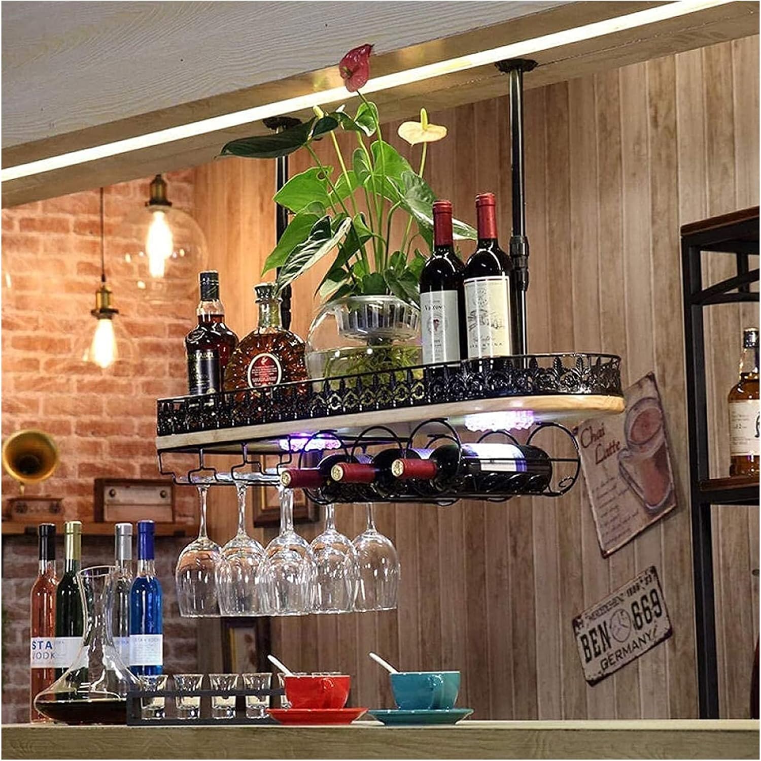 Ceiling Hanging Wine Rack with Glass Holder Shelf