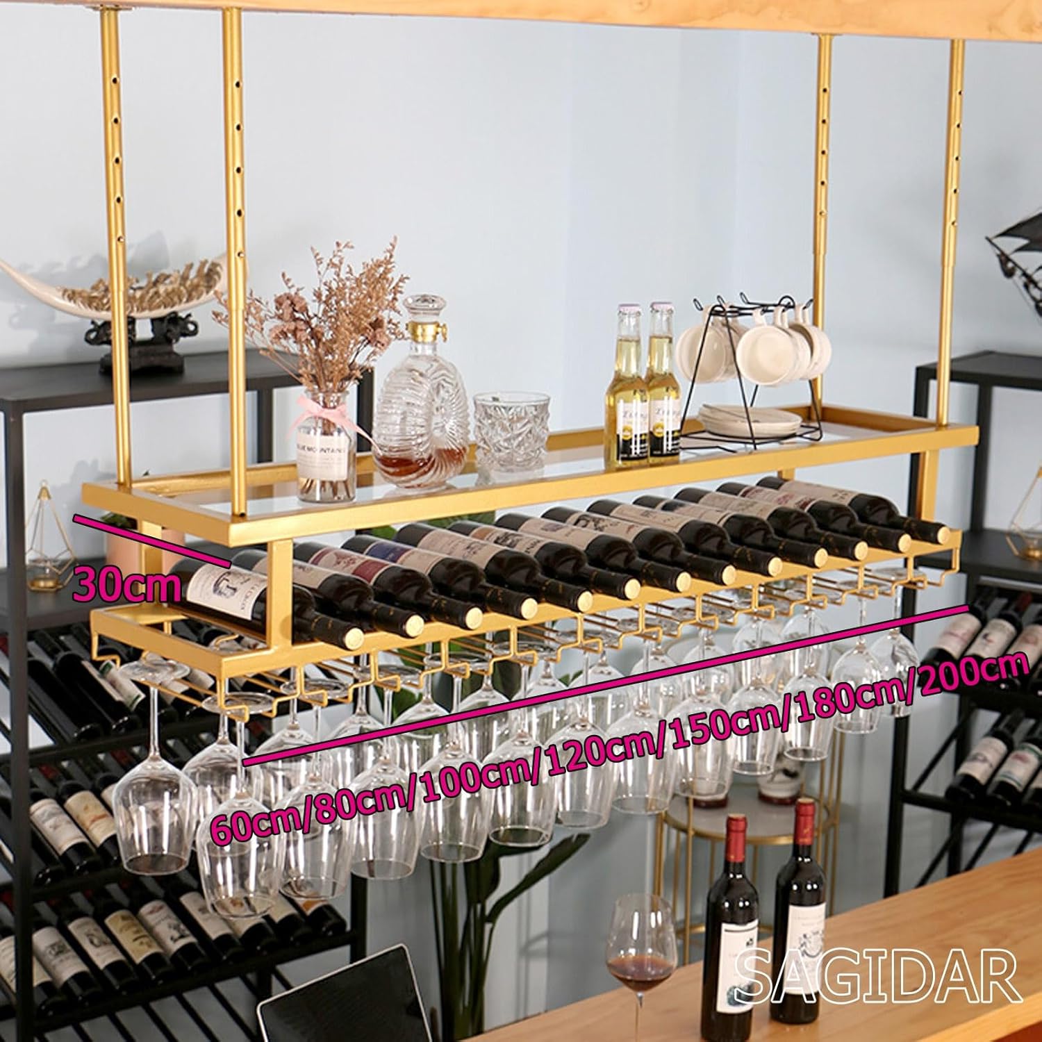 SAGIDAR Ceiling Wine Rack Adjustable 3-Tier Metal Holder