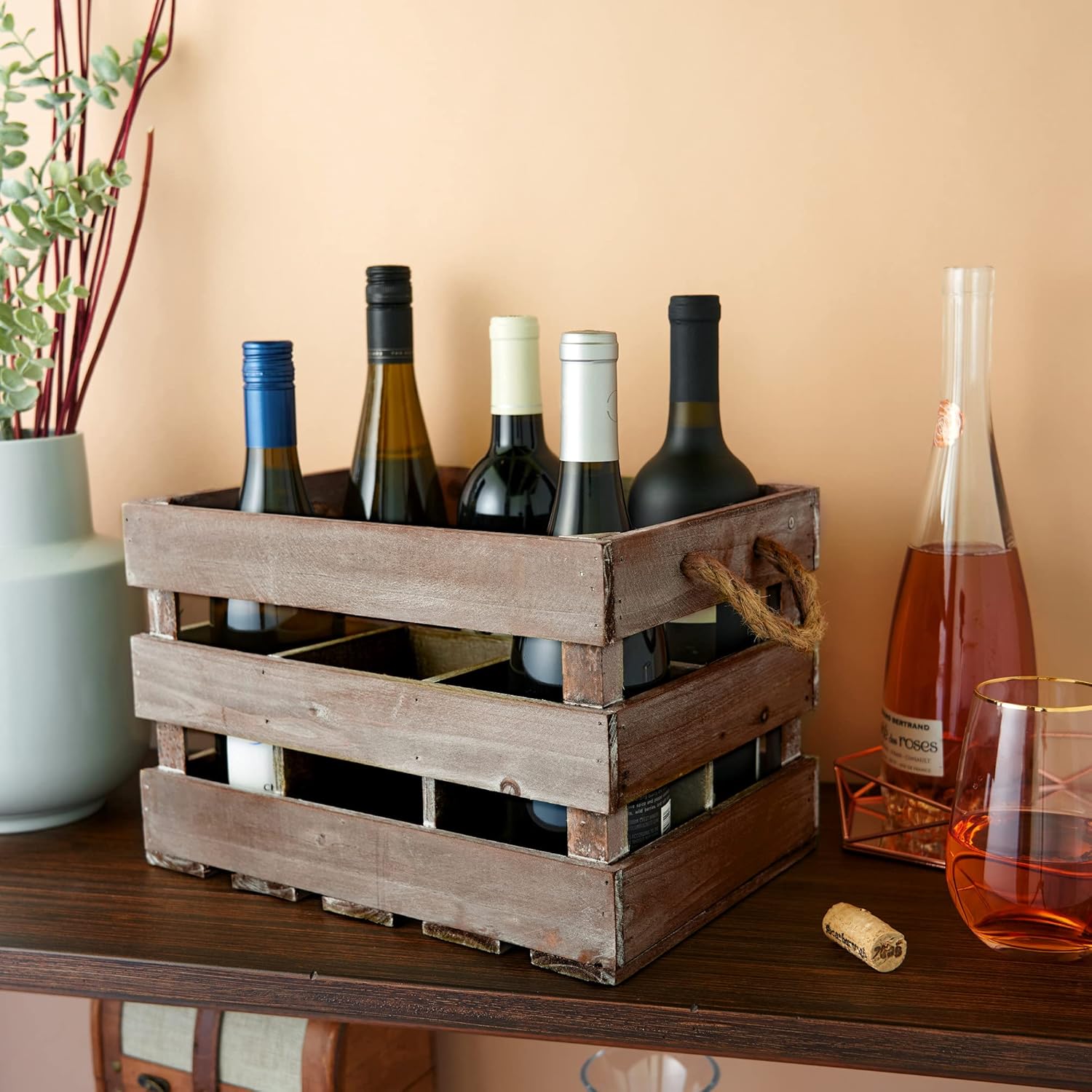 Twine Rustic Wine Bottle Holder Crate Dark Wood 6 Bottle Storage Rack