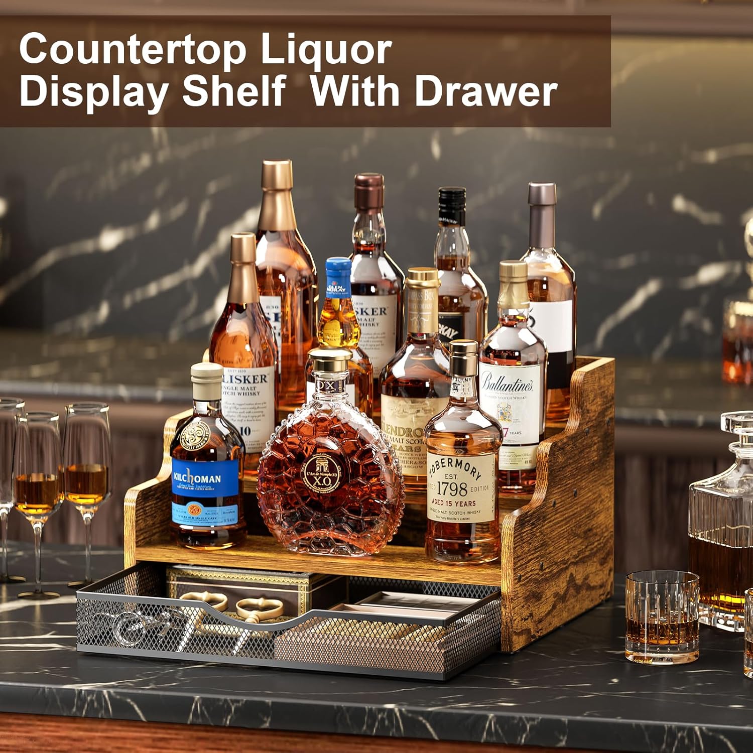Yuzehuaza 3-Tier Liquor Display Shelf with Drawer