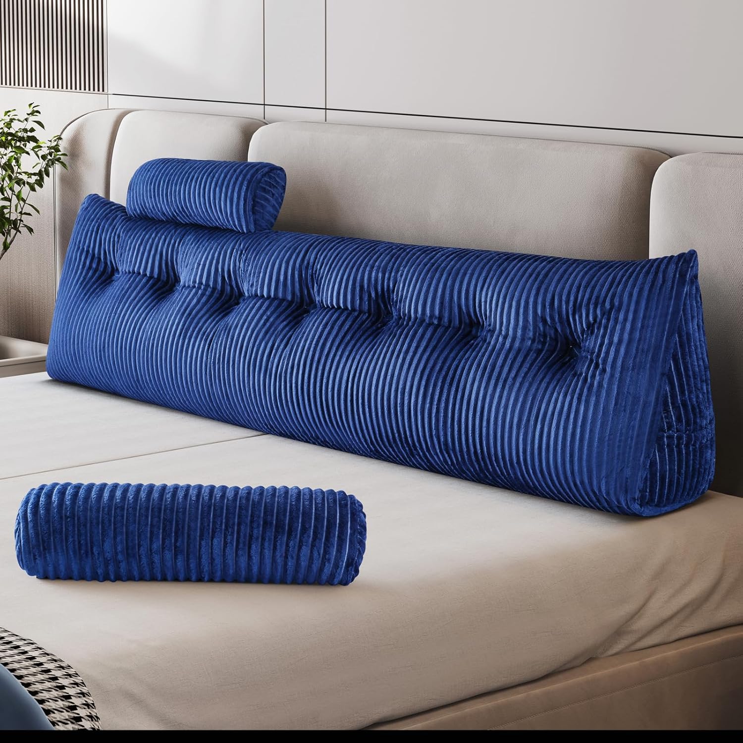 Z-hom King Size Pillow Headboard with 2 Roll Pillows Blue