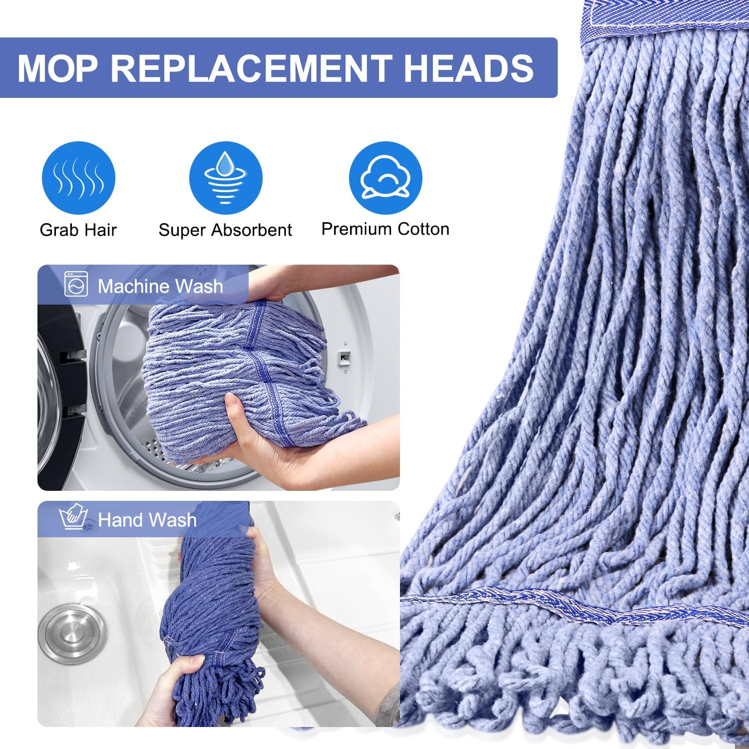 BAYAGIN 6 Pack Heavy Duty Blue Mop Head Replacement for Rubbermaid