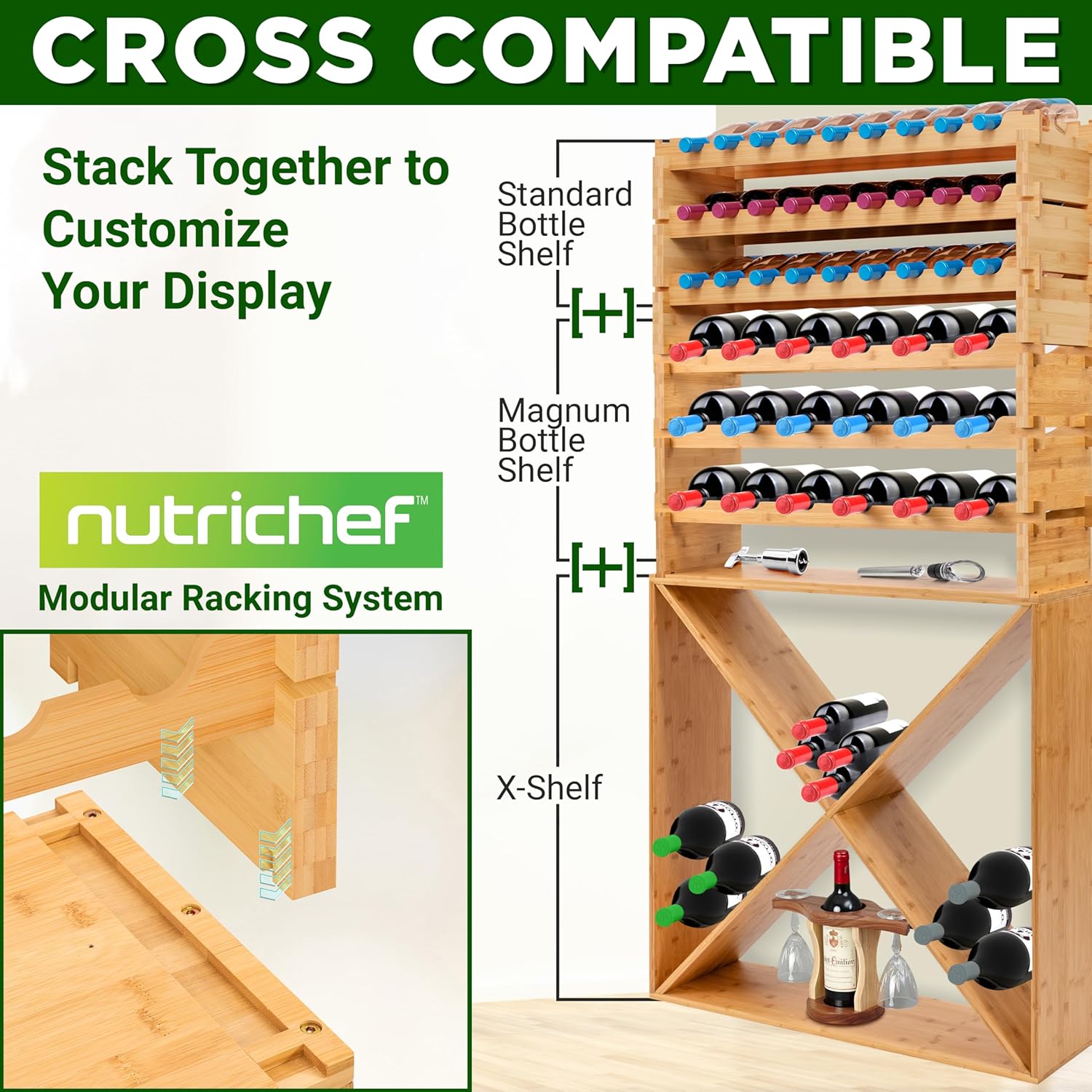 NutriChef Bamboo 12-Tier Wine Rack 108 Bottle Capacity