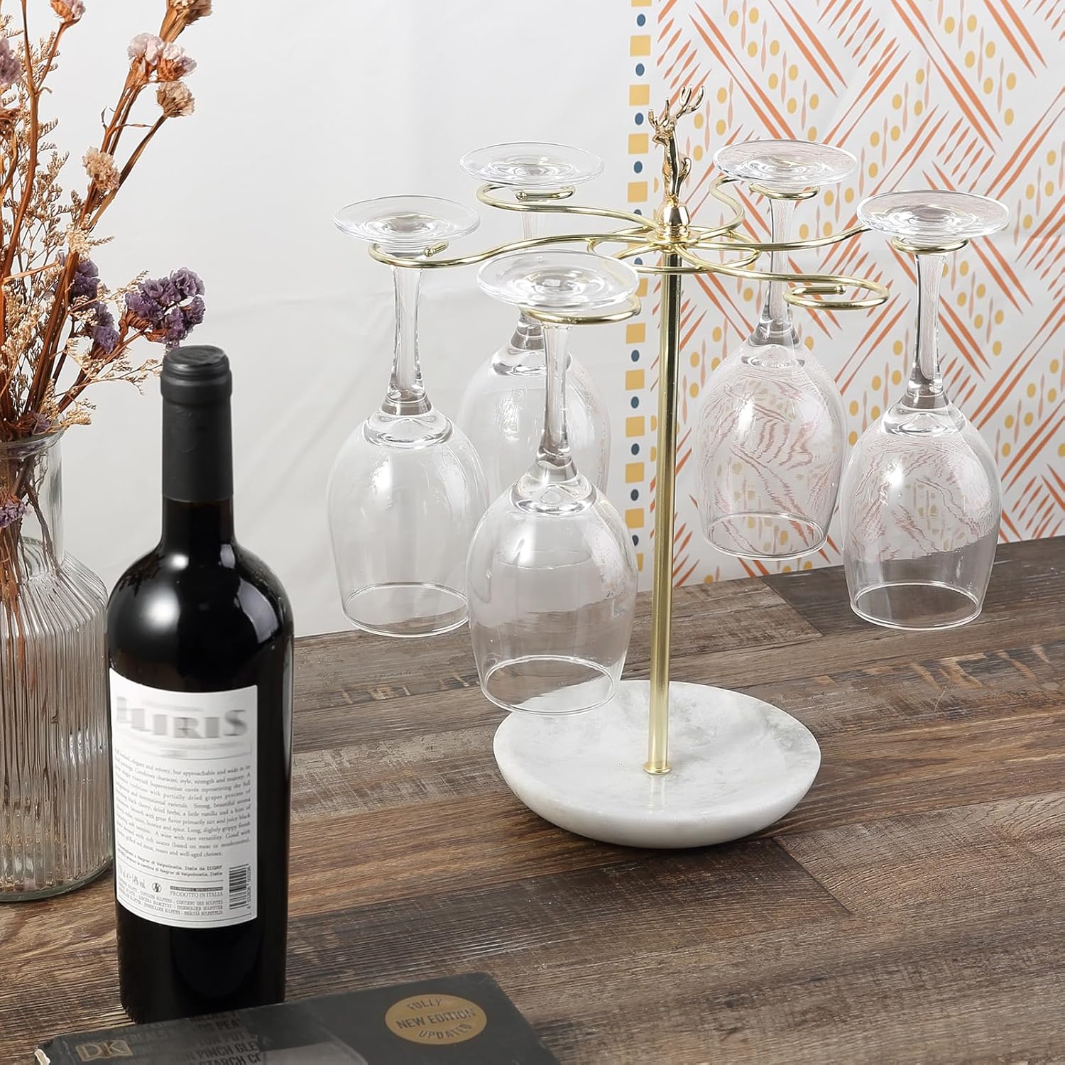 Wine Glass Holder with Marble Base and 6 Hooks