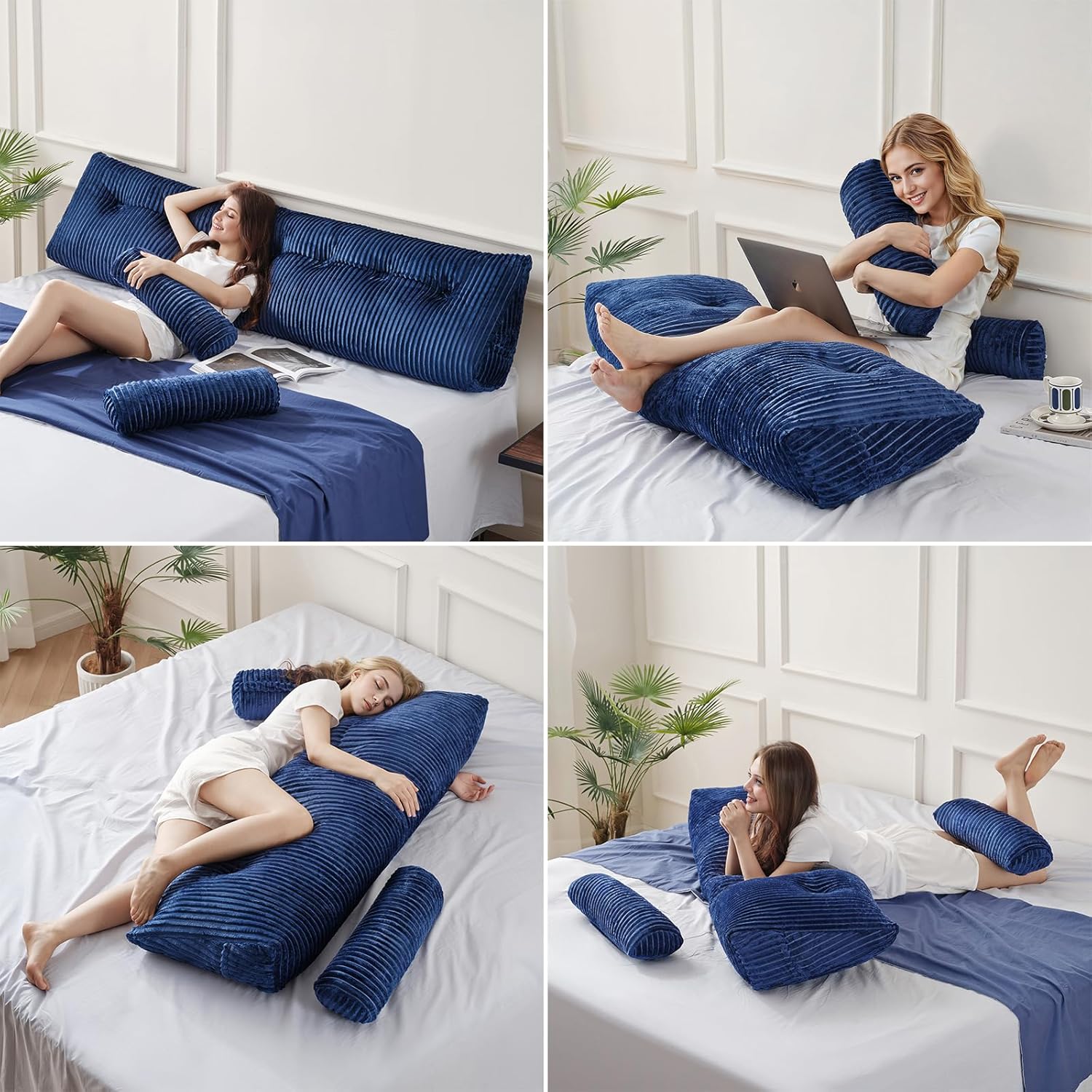 Z-hom King Size Pillow Headboard with 2 Roll Pillows Blue