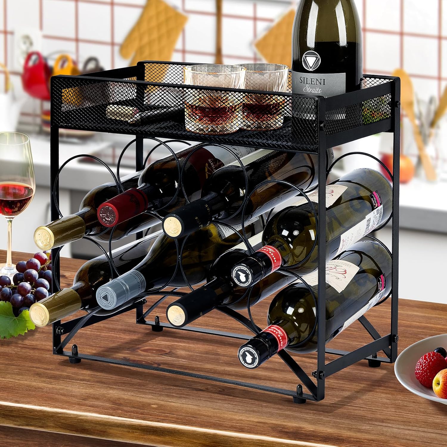 NOBLEMOOD 8 Bottles Tabletop Wine Rack Stand with Storage Basket