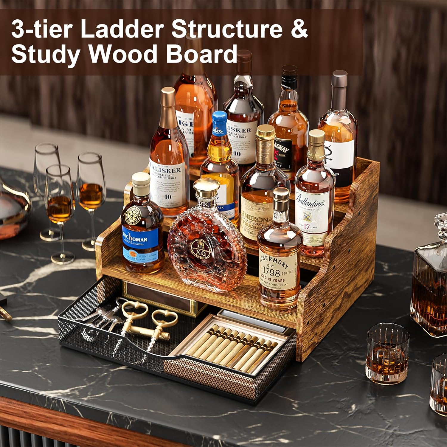 Yuzehuaza 3-Tier Liquor Display Shelf with Drawer