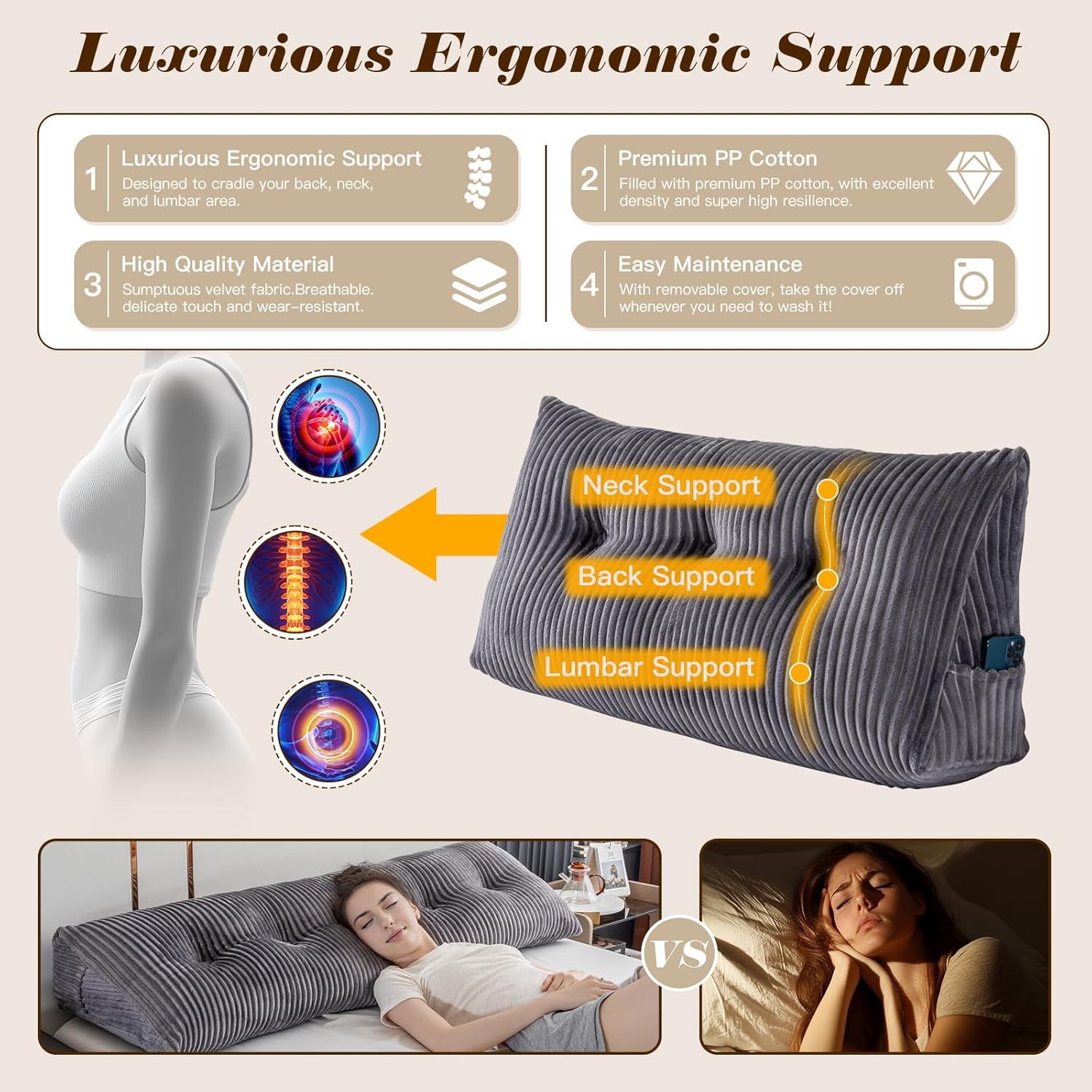 Activance Large Triangular Headboard Pillow with Removable Cover