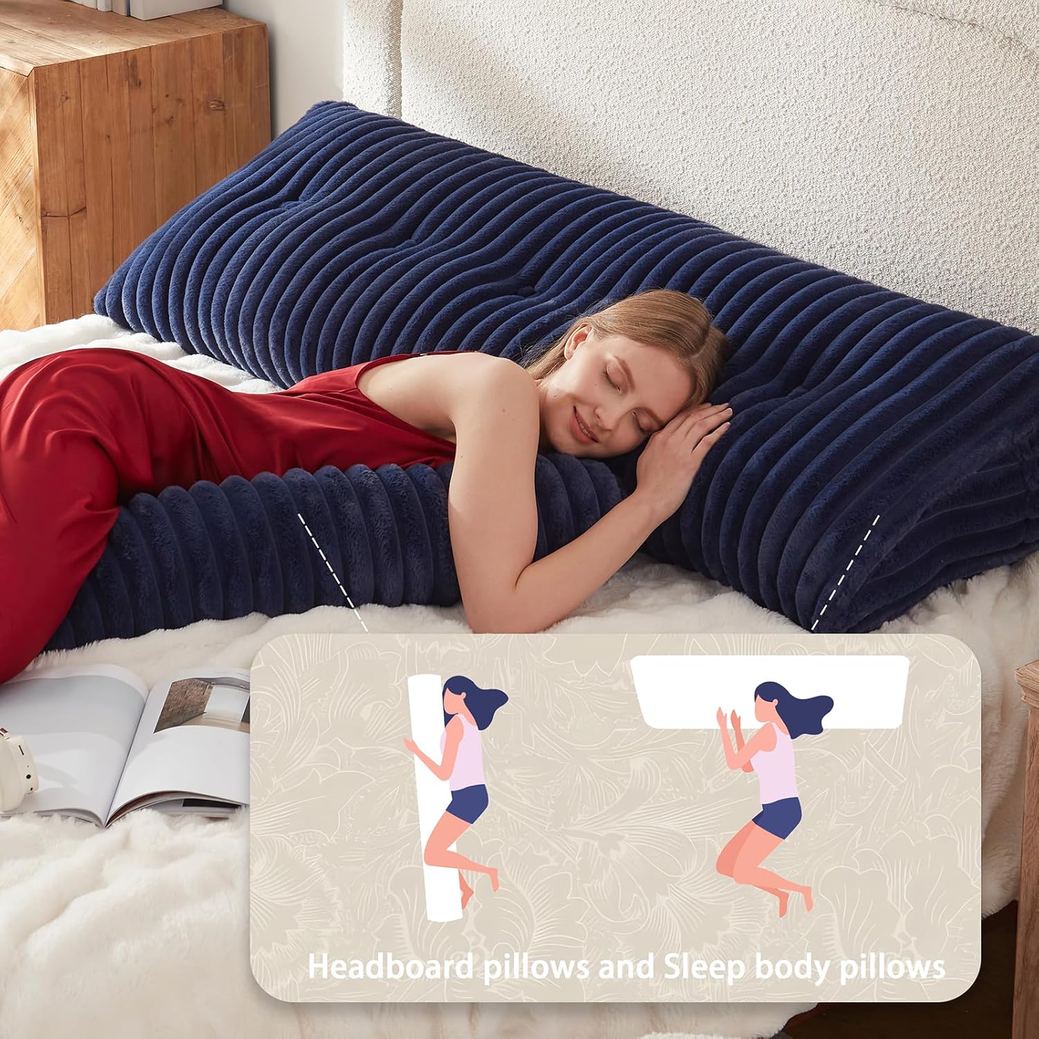AmyWtb Headboard Pillow with Neck Roll Pillow Blue 39x8x20 Inches