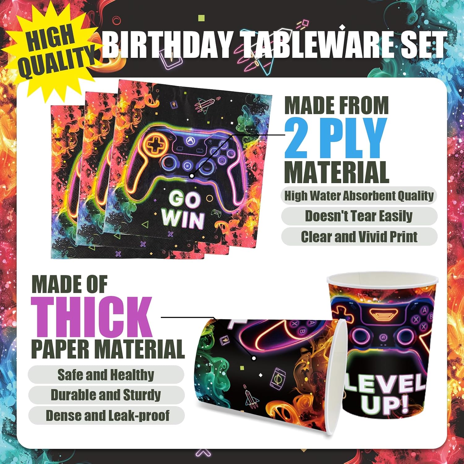168 Pcs Neon Video Game Plates Napkins Set