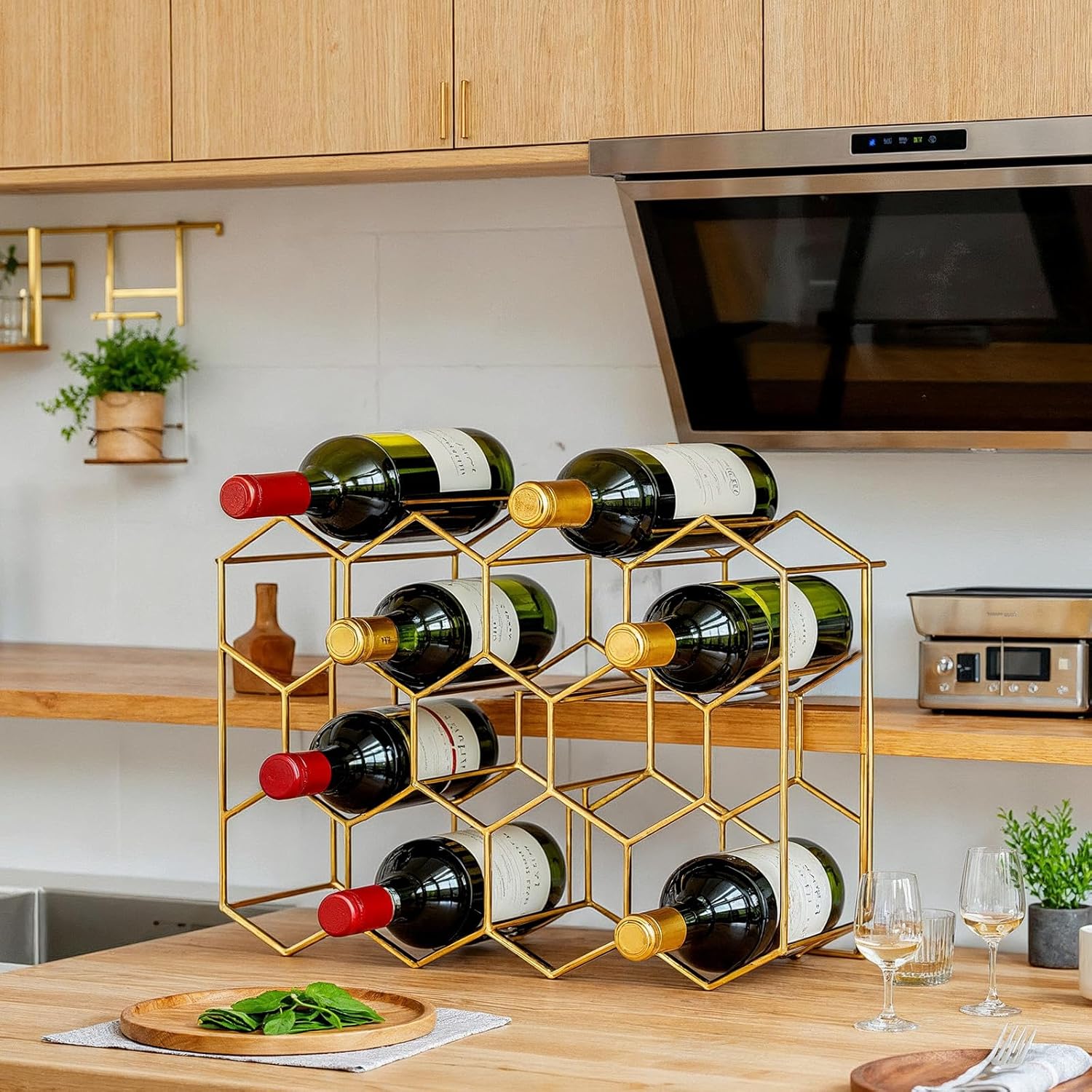 Pafeooui 14-Bottle Tabletop Wine Rack - Modern Gold Holder Stand