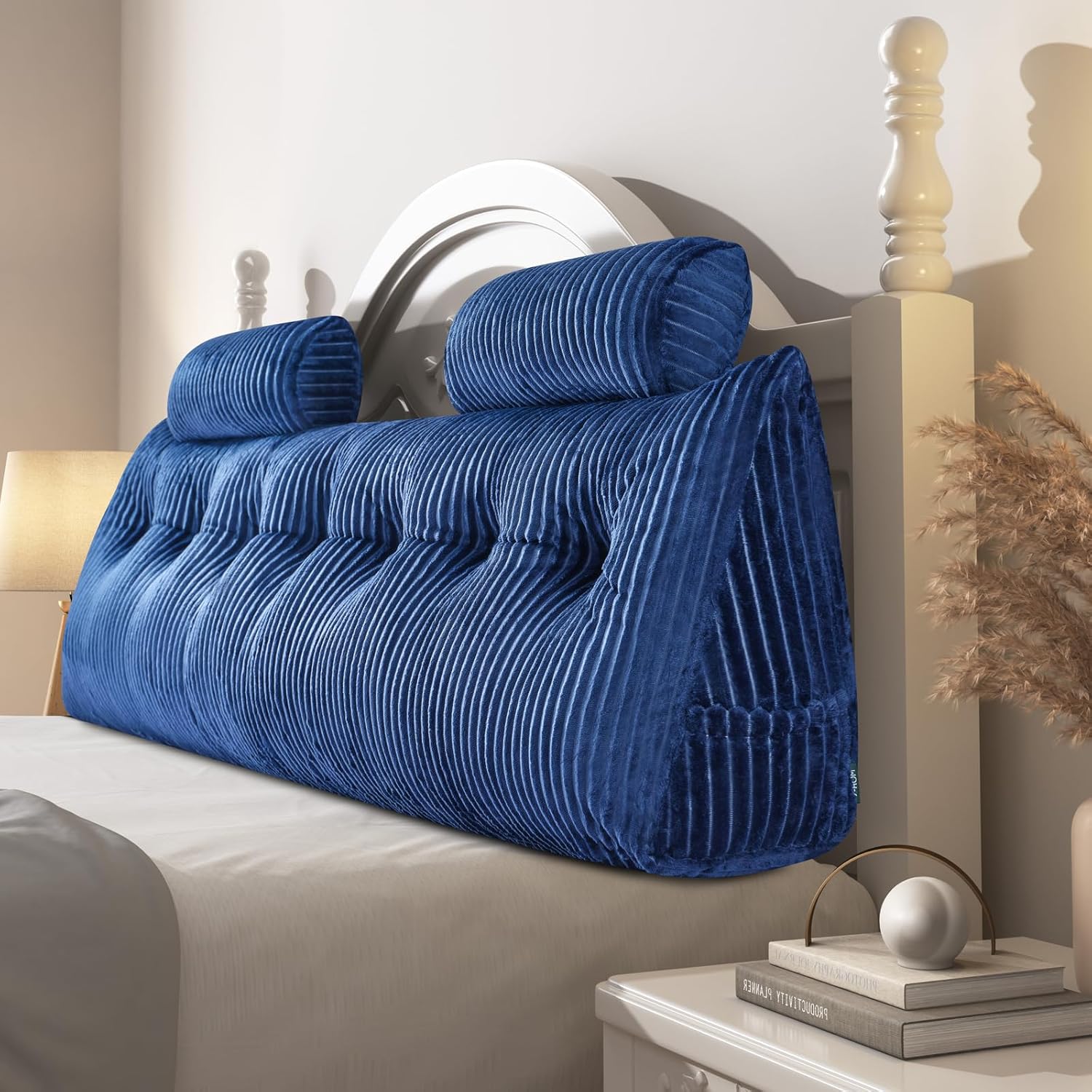 Z-hom King Size Pillow Headboard with 2 Roll Pillows Blue