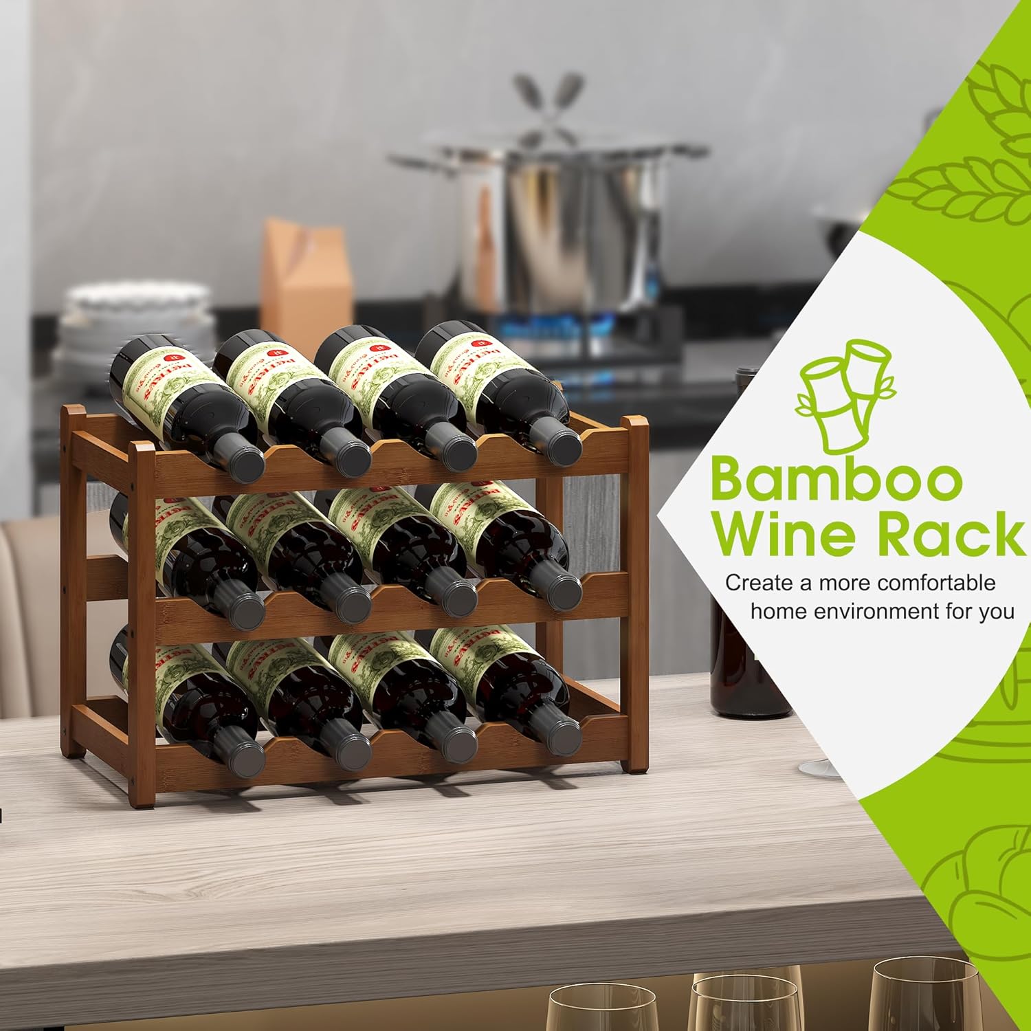 BMOSU 3 Tier Bamboo Wine Rack 12 Bottle Storage Cabinet