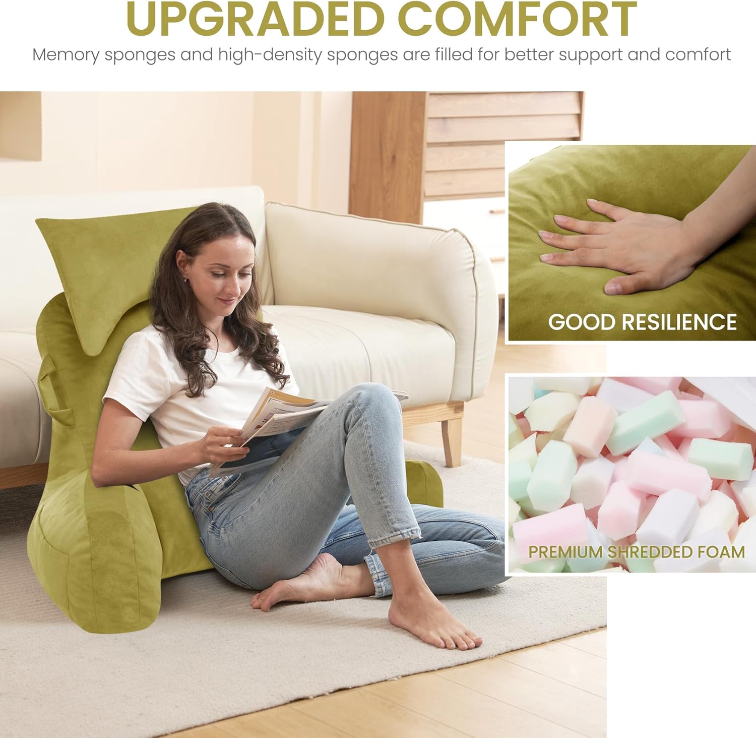 Unisakey Reading Pillow with Headrest and 3 Pockets Yellow Green